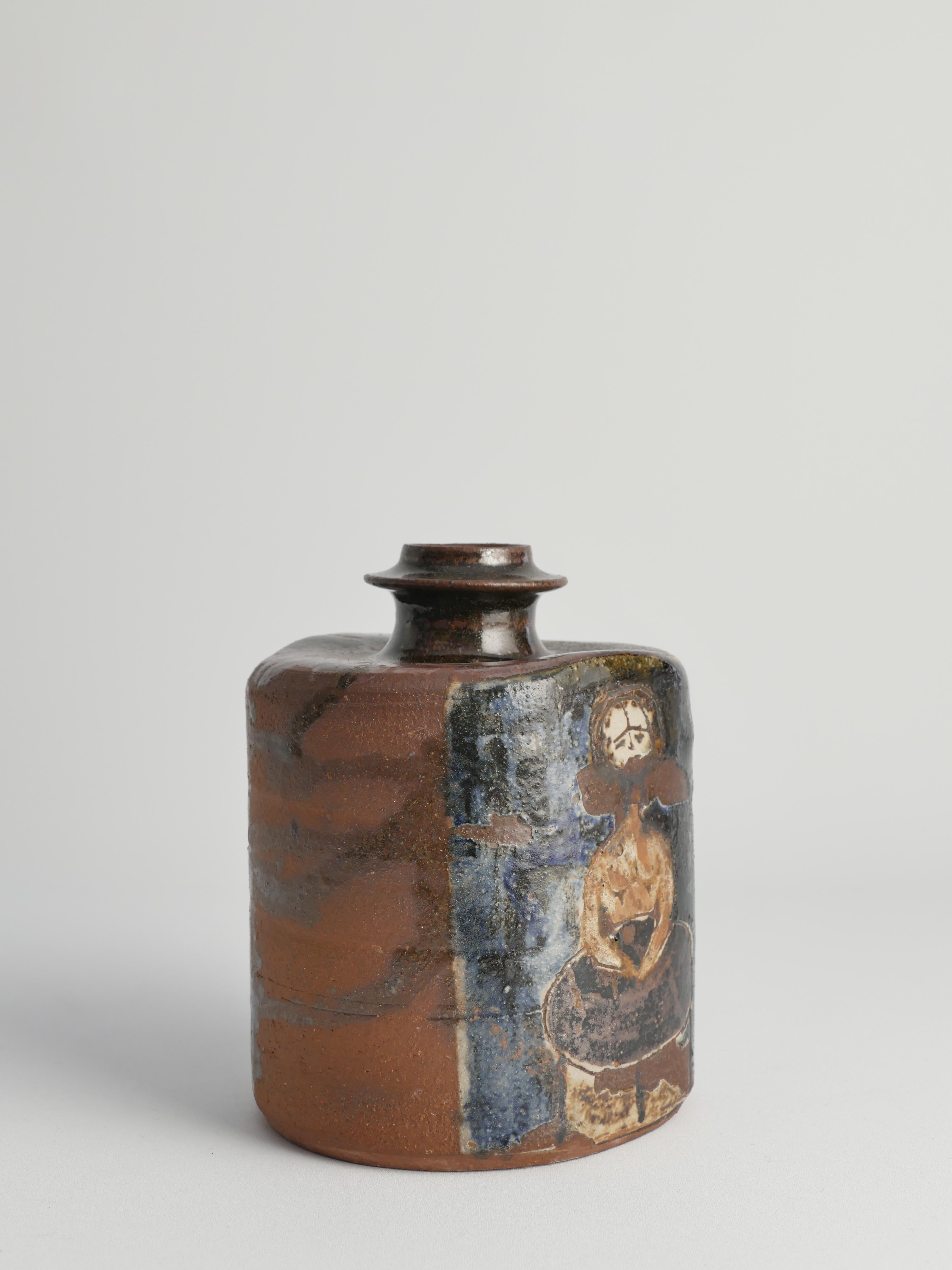 Swedish Ceramic Square Bottle Vase with Naive-Style Motifs in Brown Glaze  For Sale