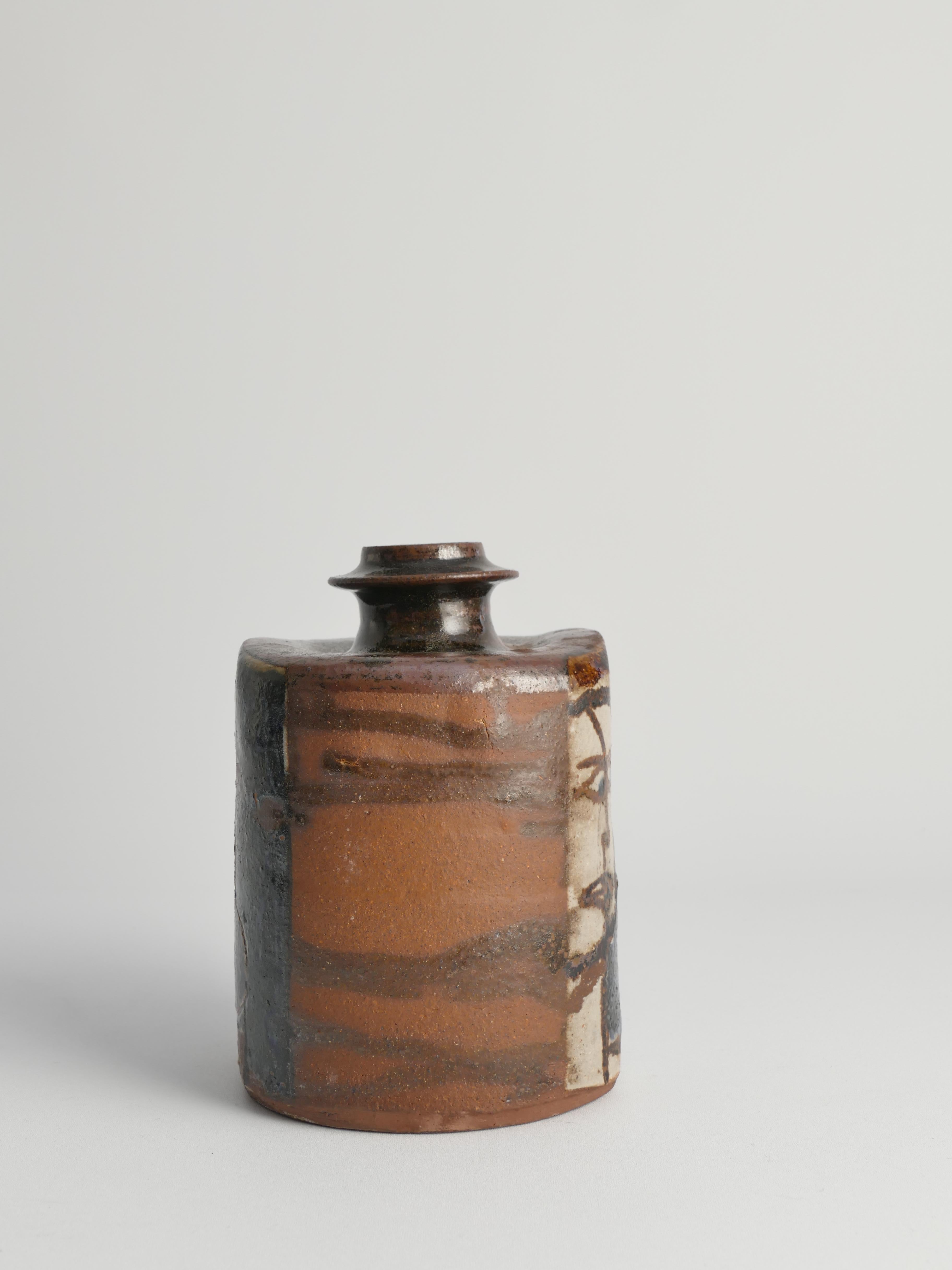 Earthenware Ceramic Square Bottle Vase with Naive-Style Motifs in Brown Glaze  For Sale