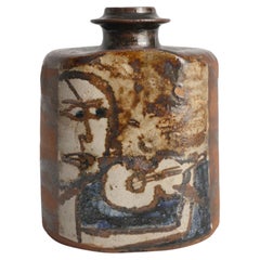Ceramic Square Bottle Vase with Naive-Style Motifs in Brown Glaze 