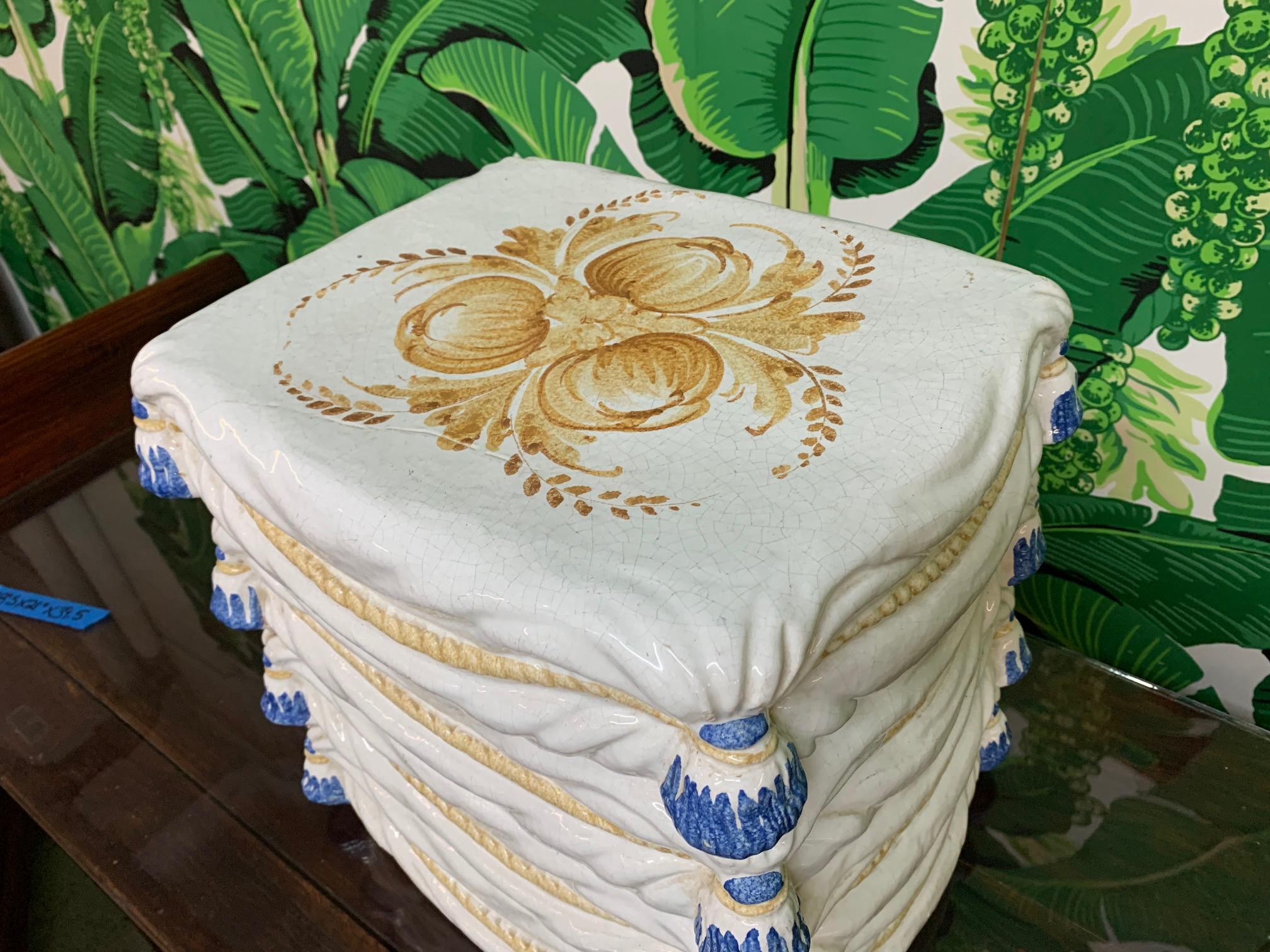 Vintage ceramic garden stool features hand painted detailing and a stacked pillow motif. Can be a footstool or decorative ottoman. Very heavy. Very good condition with only very minor imperfections consistent with age.