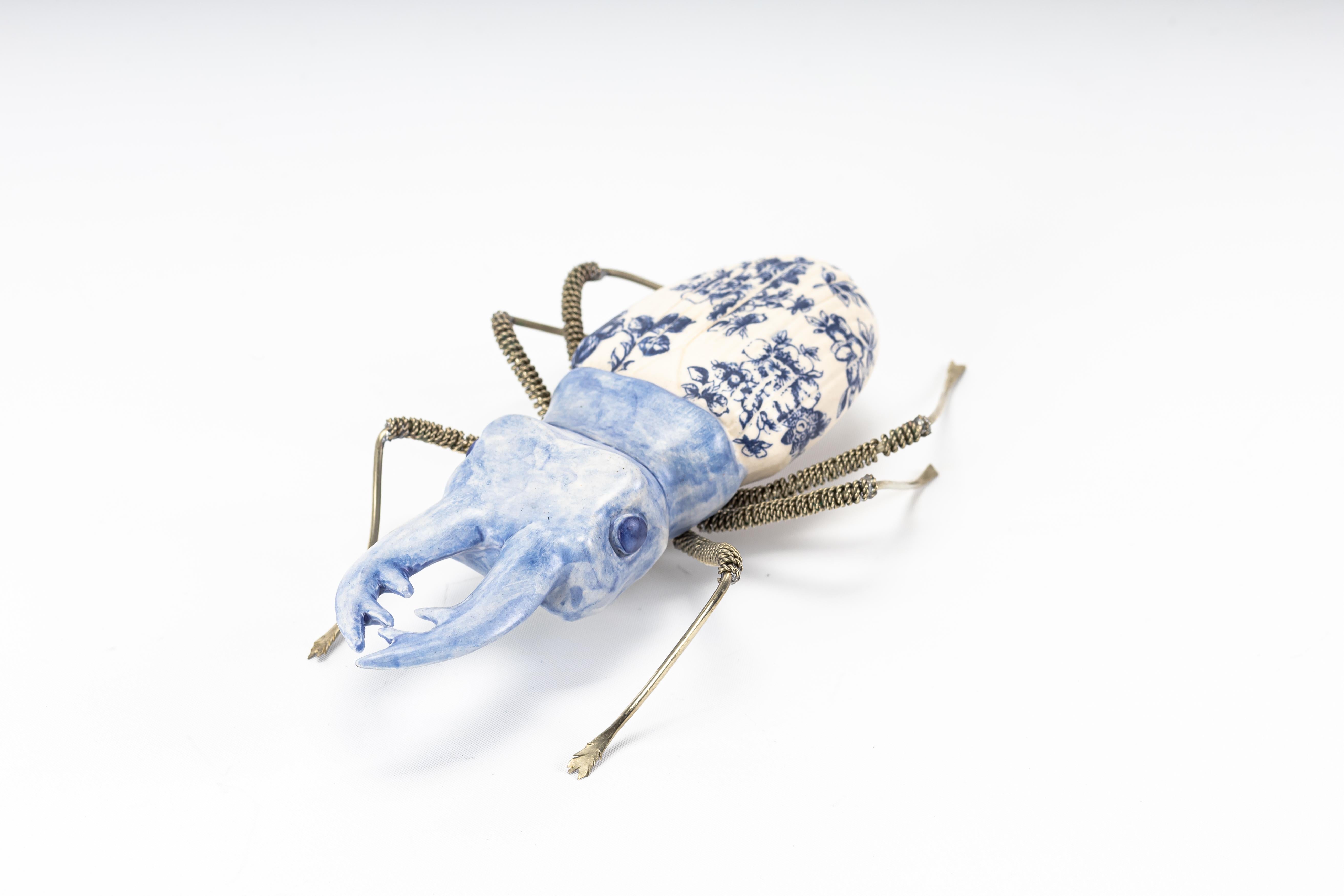 Mexican Ceramic Stag Beetle and White Metal by Estudio Guerrero