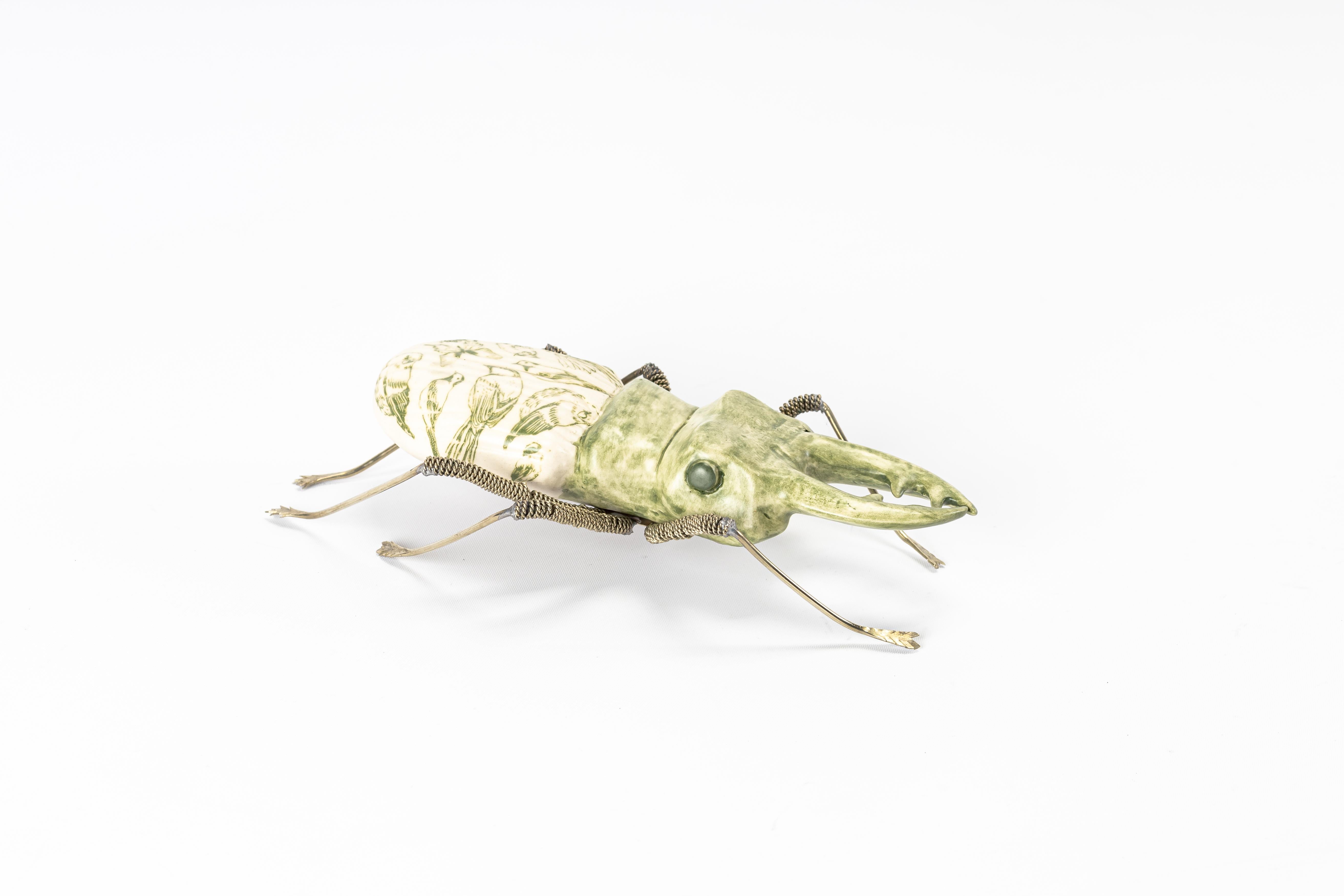 Glazed Ceramic Stag Beetle and White Metal by Estudio Guerrero