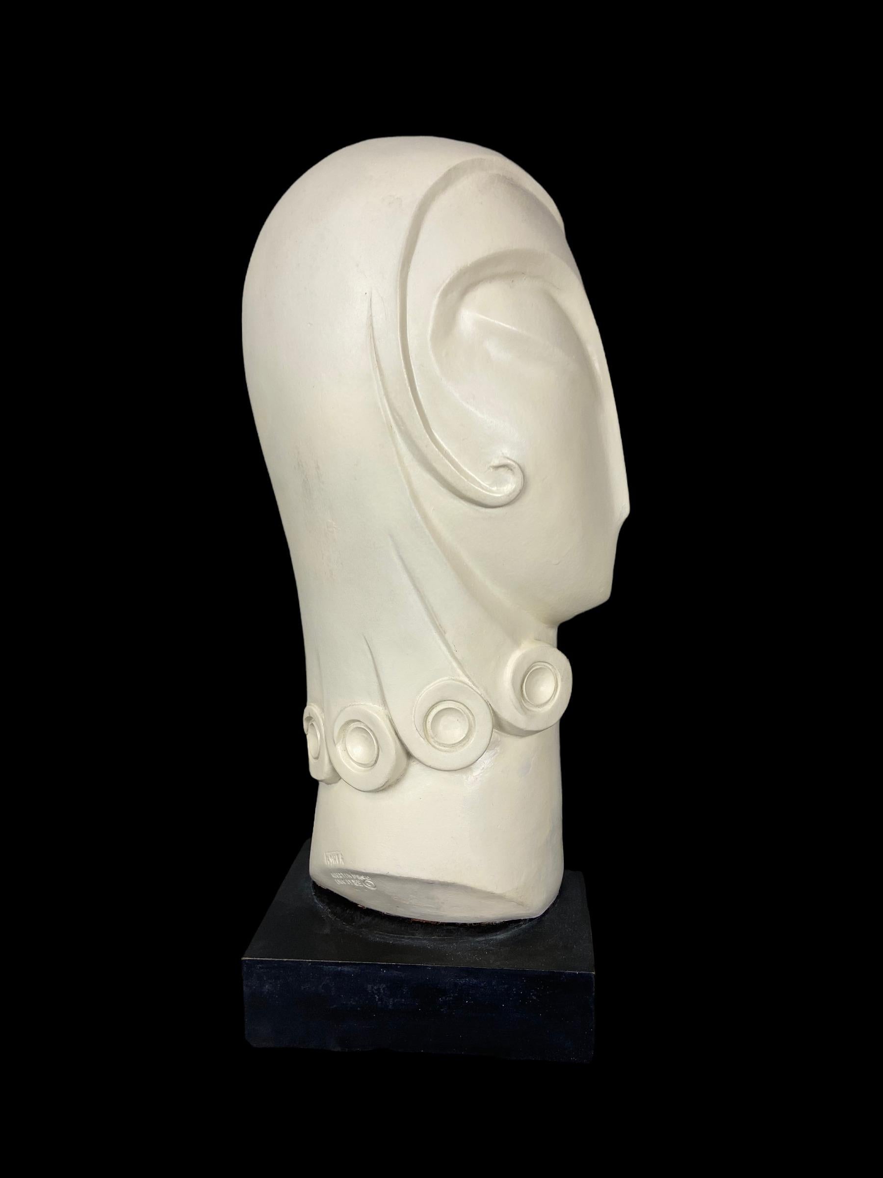 Ceramic statue made and signed by David Fisher for Austin Productions in 1985. Crème coloured painted.The wooden pedestal is not included. This plaster female bust is in a good condition but it shows sign of age.