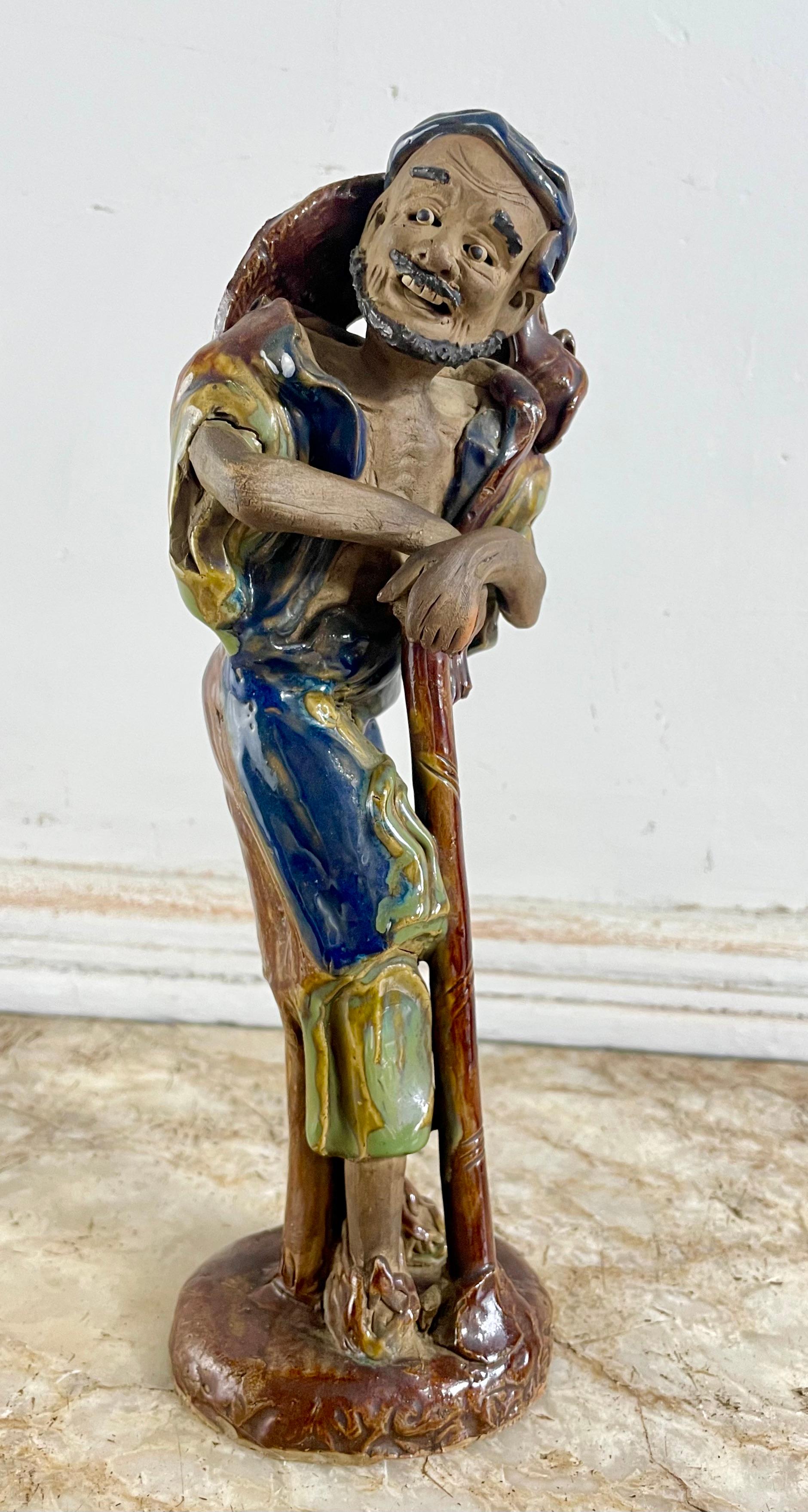 Ceramic Statuette Representing Immortal Li Tieguai Yellow Blue China 19thCentury For Sale 4