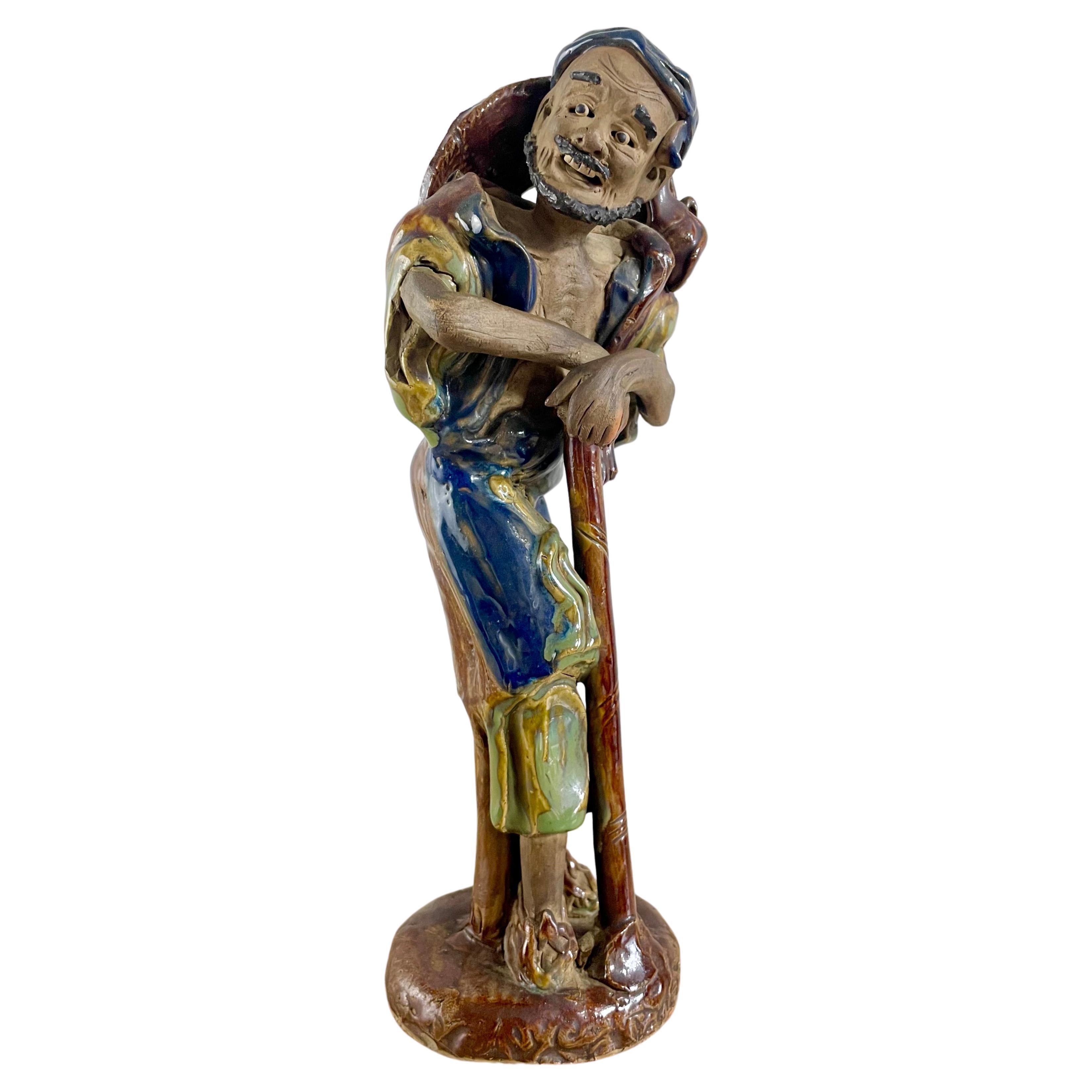 Ceramic Statuette Representing Immortal Li Tieguai Yellow Blue China 19thCentury For Sale