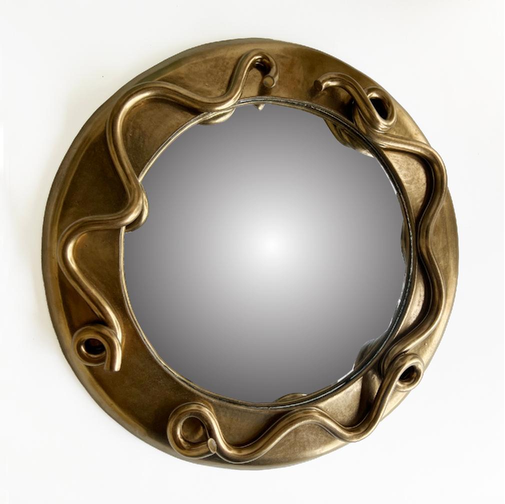 American Ceramic Stoneware Abstract Convex Mirror in Metallic Bronze by Keavy Murphree For Sale
