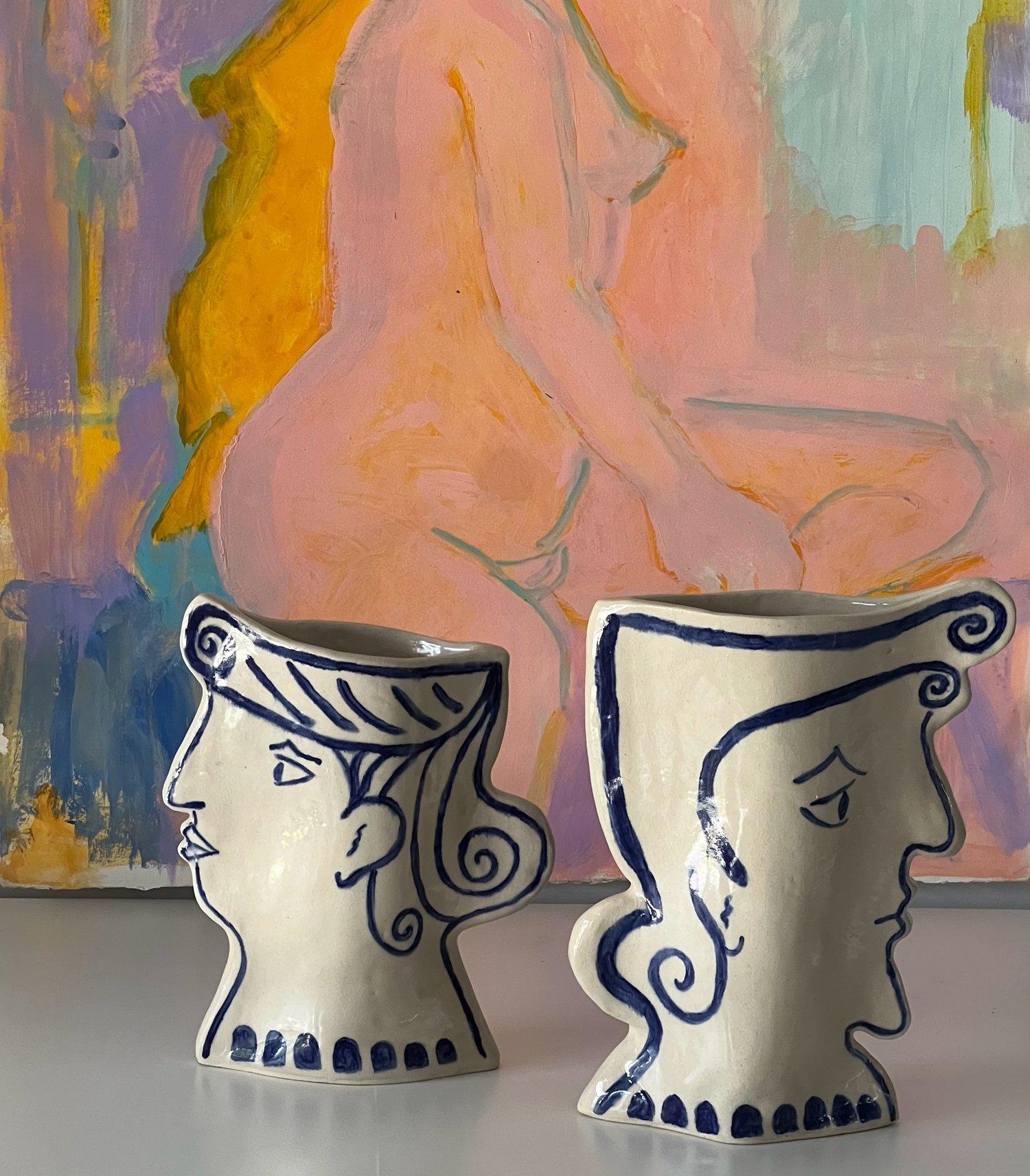 Ceramic Stoneware Face Vases - a Pair 7