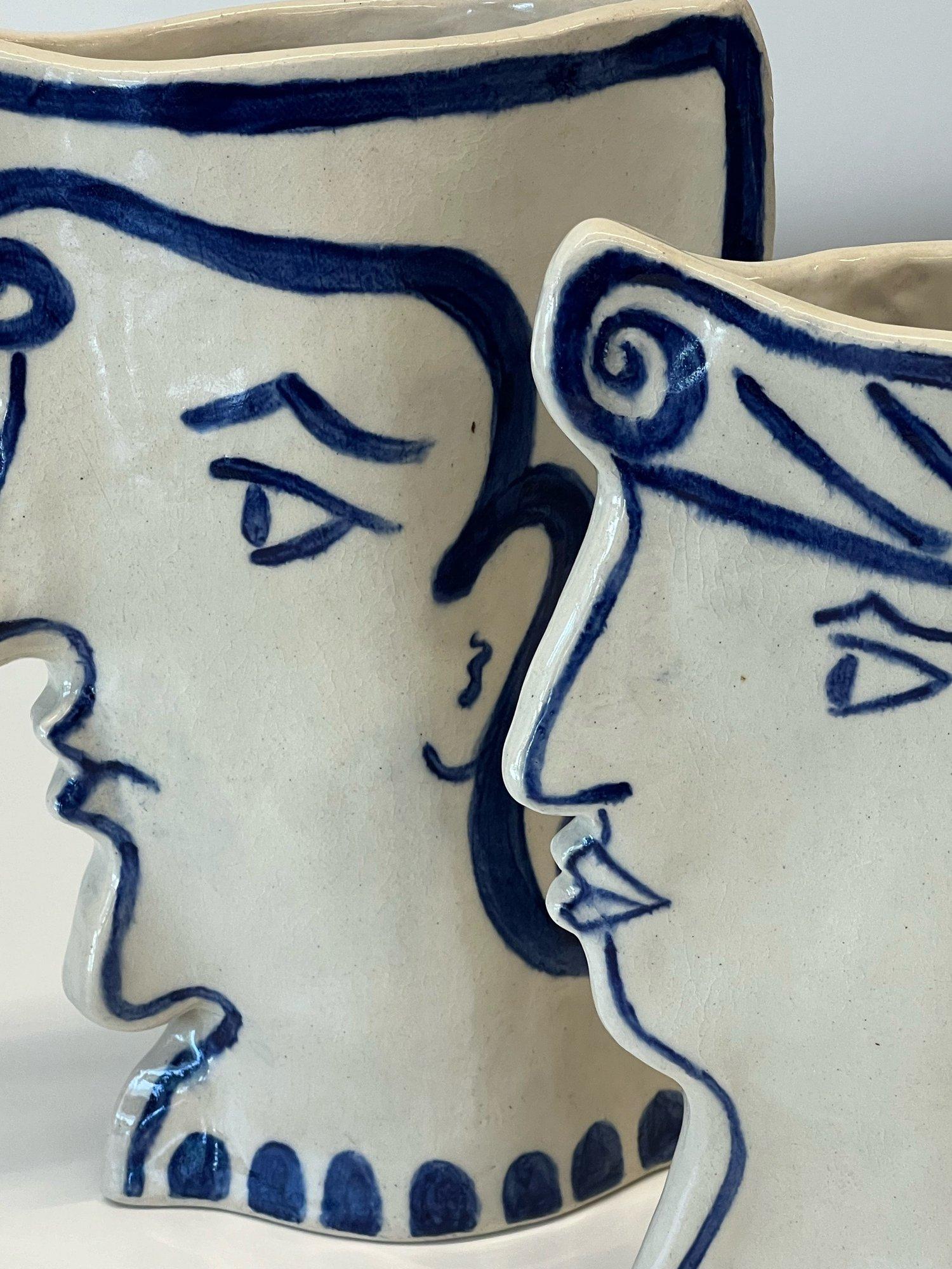 Classical Greek Ceramic Stoneware Face Vases - a Pair