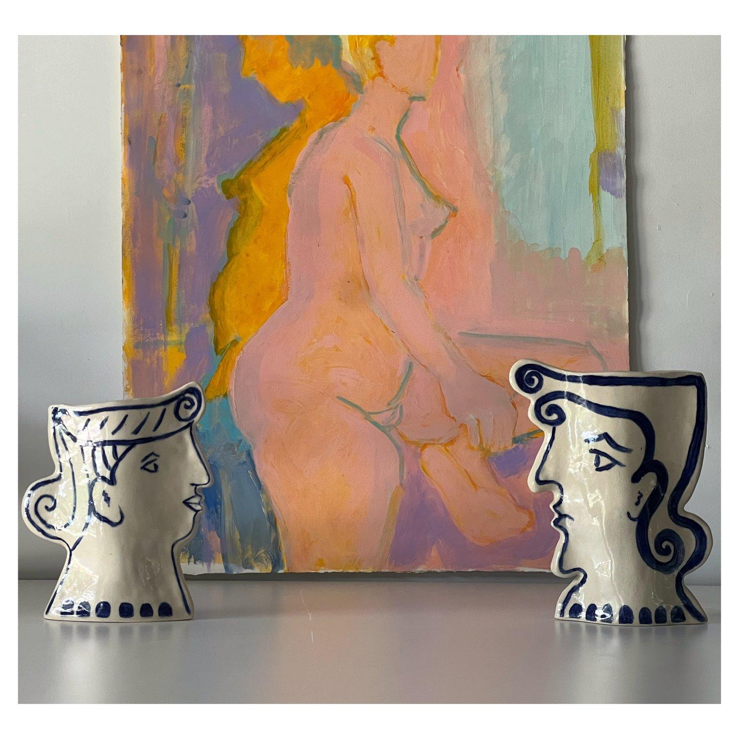 Ceramic Stoneware Face Vases - a Pair In New Condition In Raleigh, NC