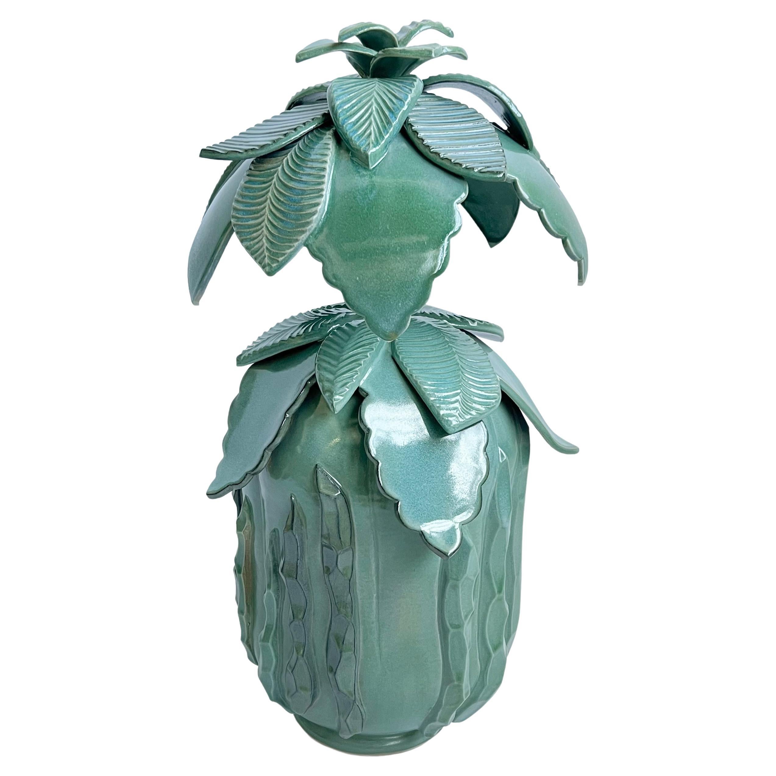 Ceramic Stoneware Green Leaves "Flora" Lamp by Keavy Murphree For Sale
