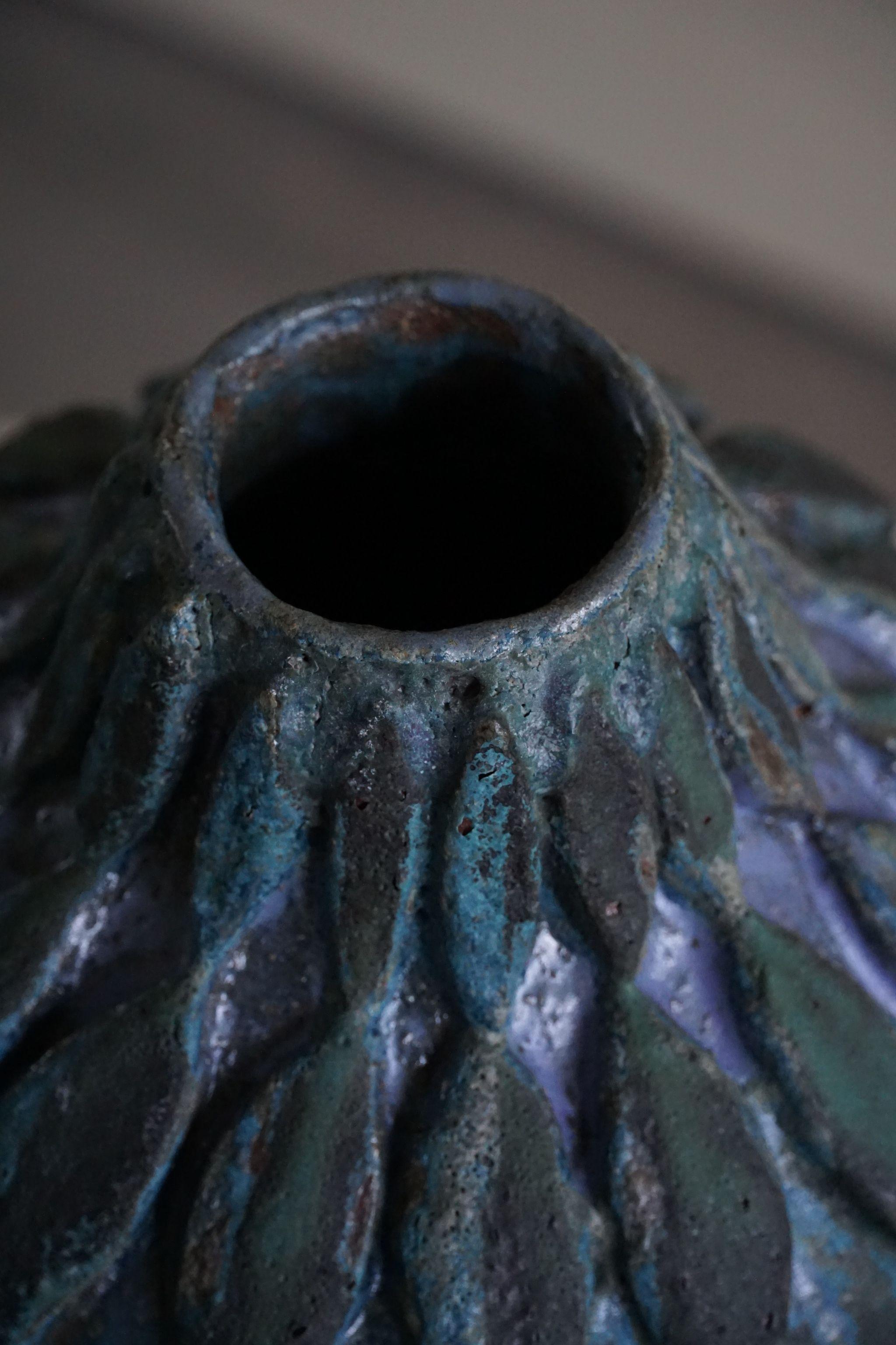 Hand-Crafted Ceramic, Stoneware Vase in Blue/Green Glaze by Danish Artist Ole Victor, 2021