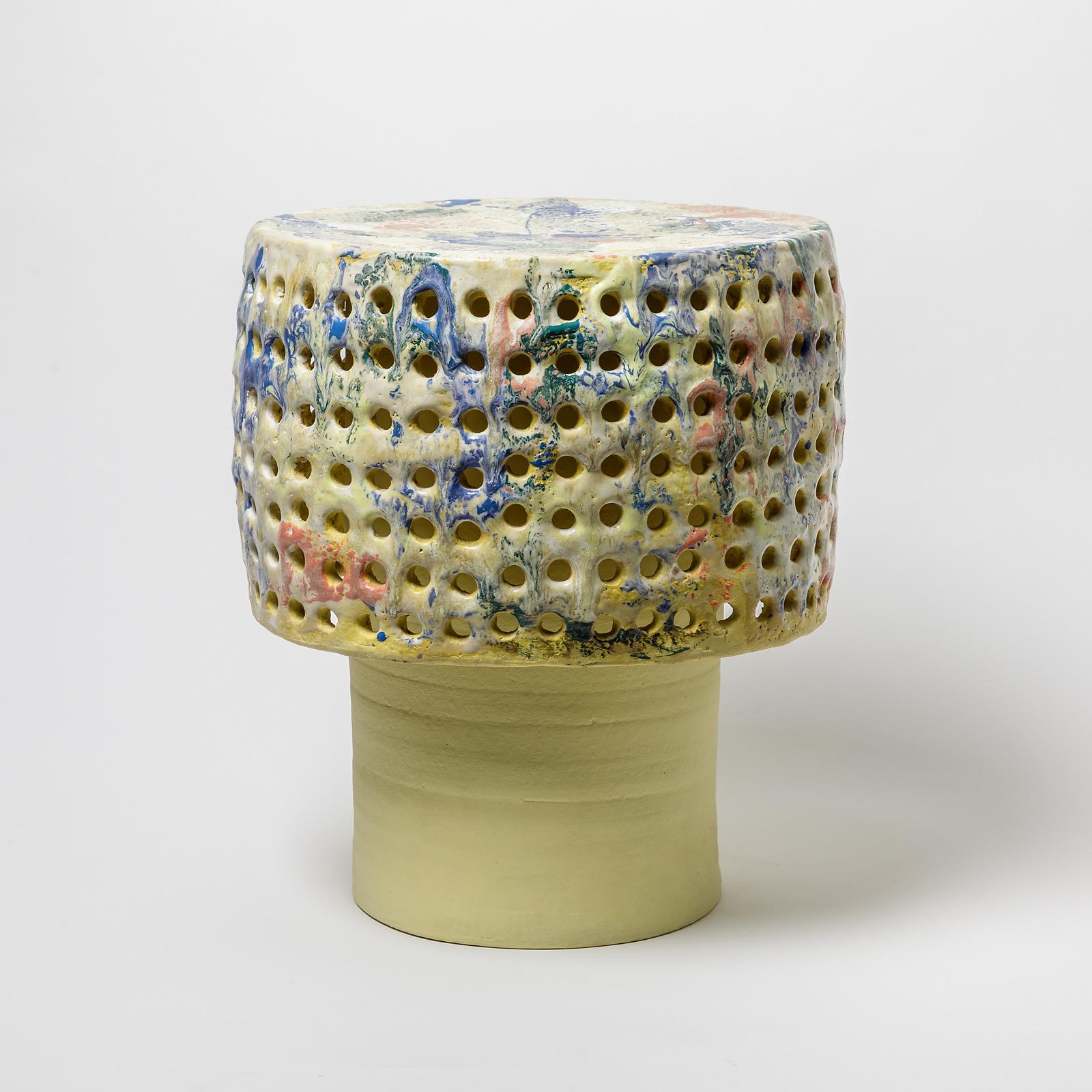 A ceramic stool or table with glazes decoration by Mia Jensen.
Unique piece.
Signed under the base.
Circa 2021.