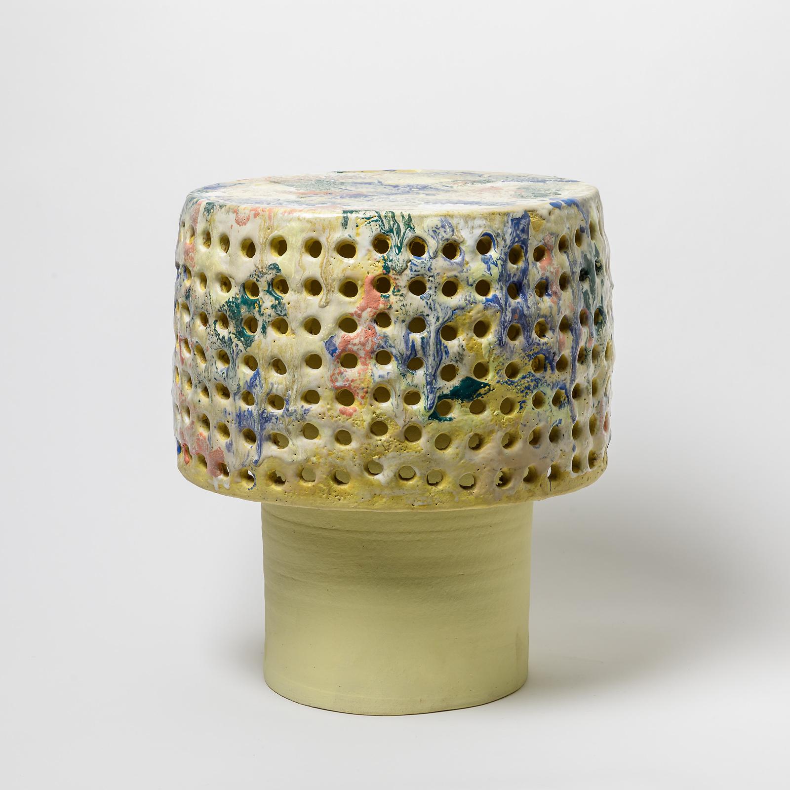 French Ceramic Stool or Table with Glazes Decoration by Mia Jensen, circa 2021