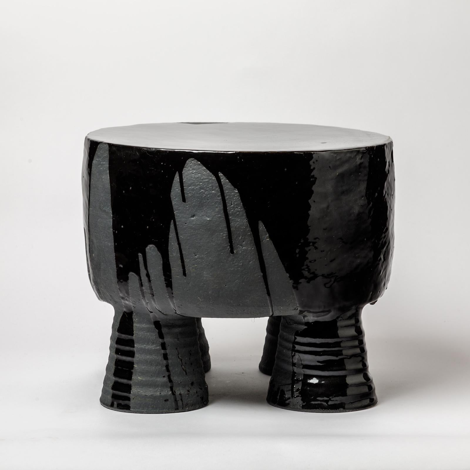 A ceramic stool with black glazes decoration by Mia Jensen.
Unique piece.
Signed under the base.
Circa 2021.