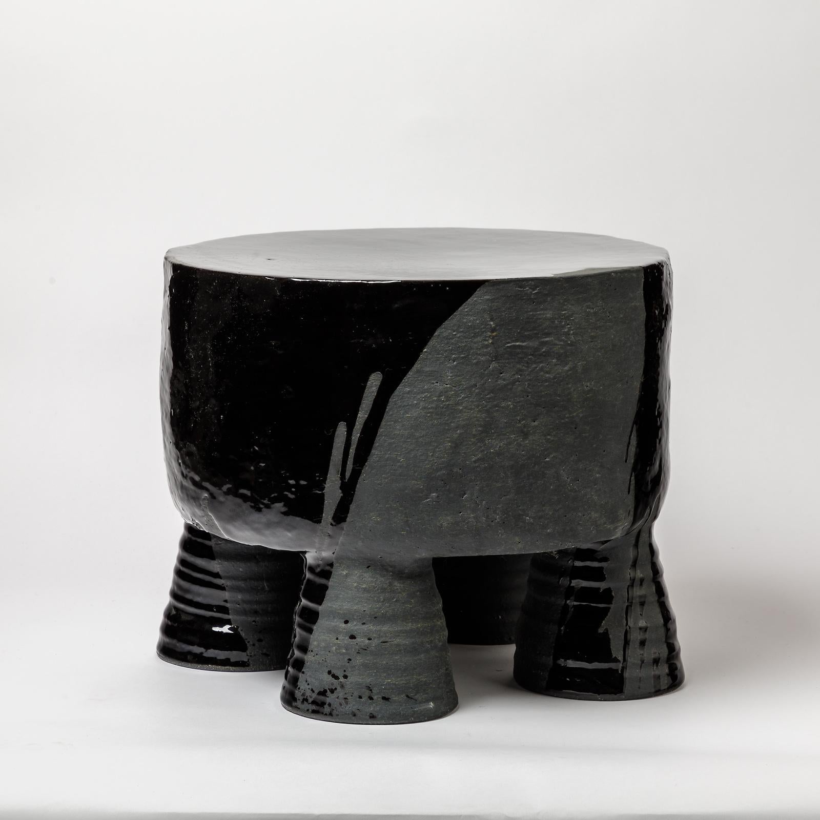 French Ceramic Stool with Black Glazes Decoration by Mia Jensen, circa 2021