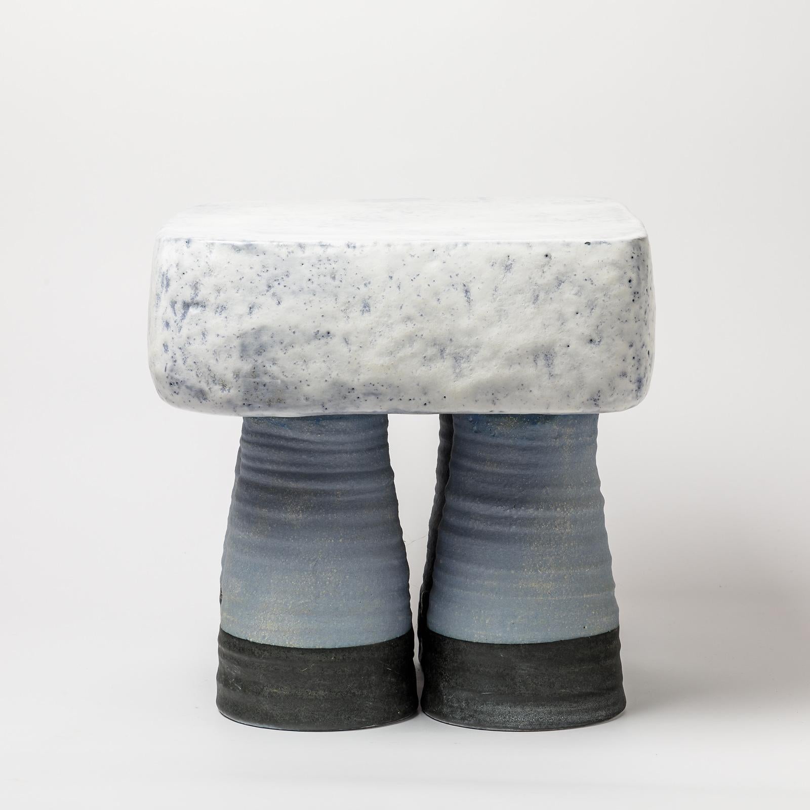 Beaux Arts Ceramic Stool with Blue and White Glazes Decoration by Mia Jensen, circa 2021