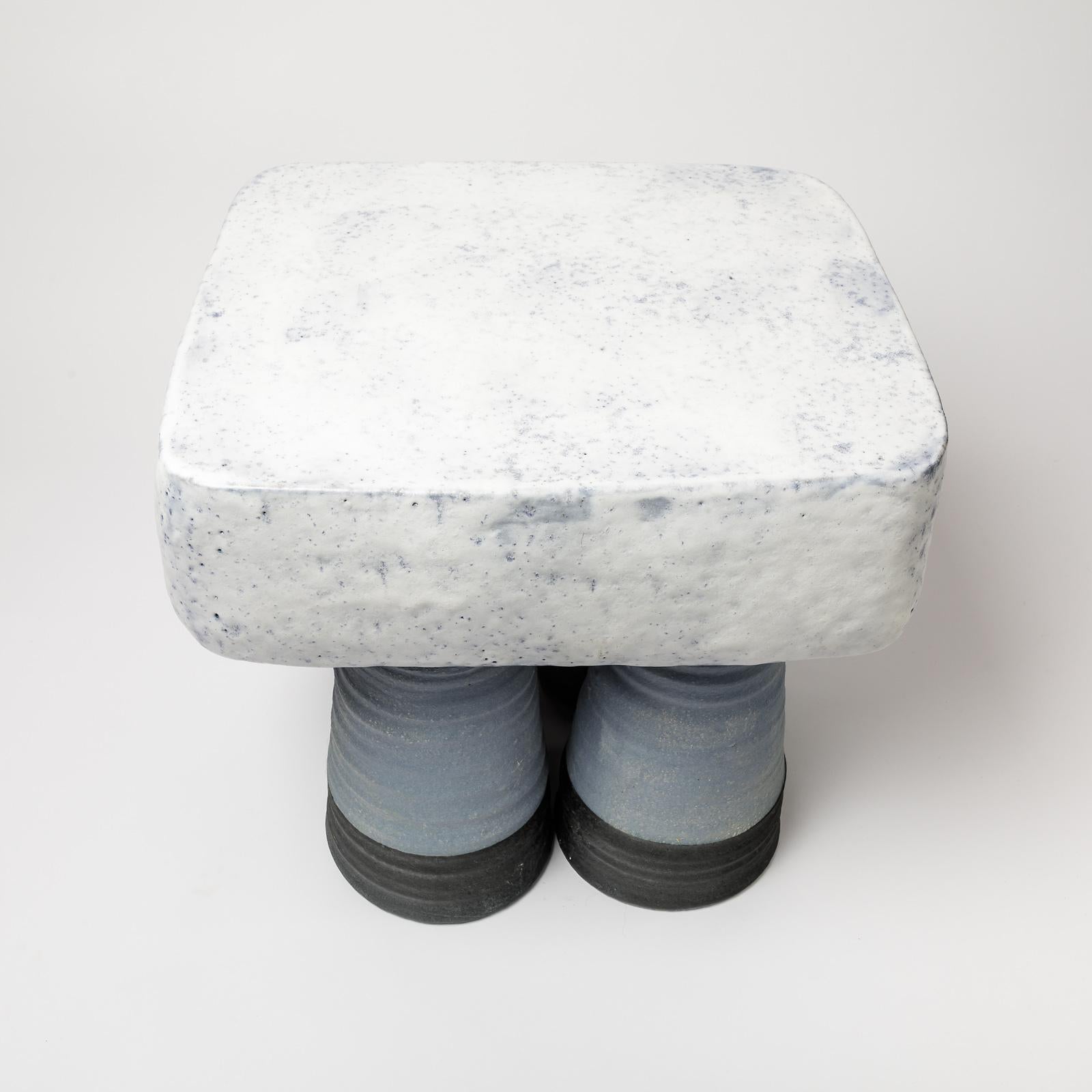 Ceramic Stool with Blue and White Glazes Decoration by Mia Jensen, circa 2021 In New Condition In Saint-Ouen, FR