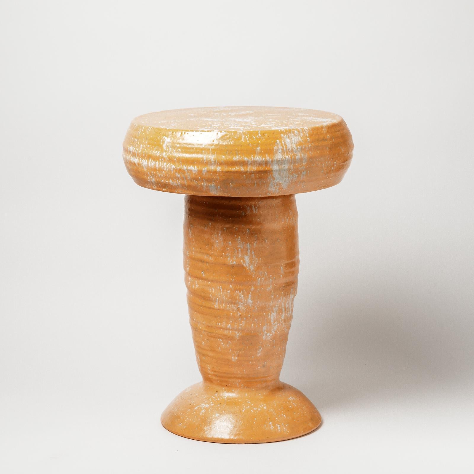 A ceramic stool with orange and white glazes decoration by Mia Jensen.
Unique piece.
Signed under the base.
Circa 2021.