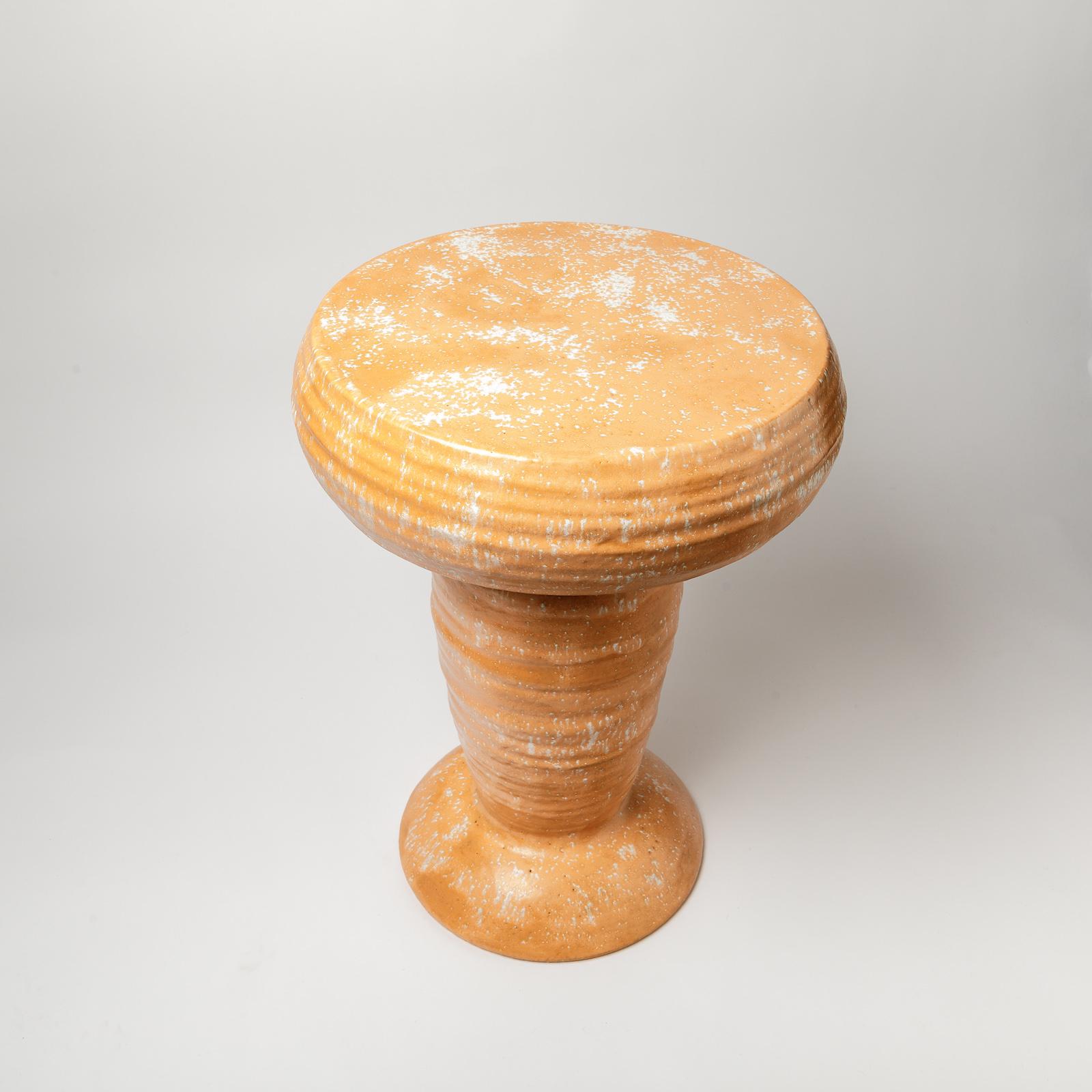 Ceramic Stool with Orange and White Glazes Decoration by Mia Jensen, circa 2021 For Sale 1