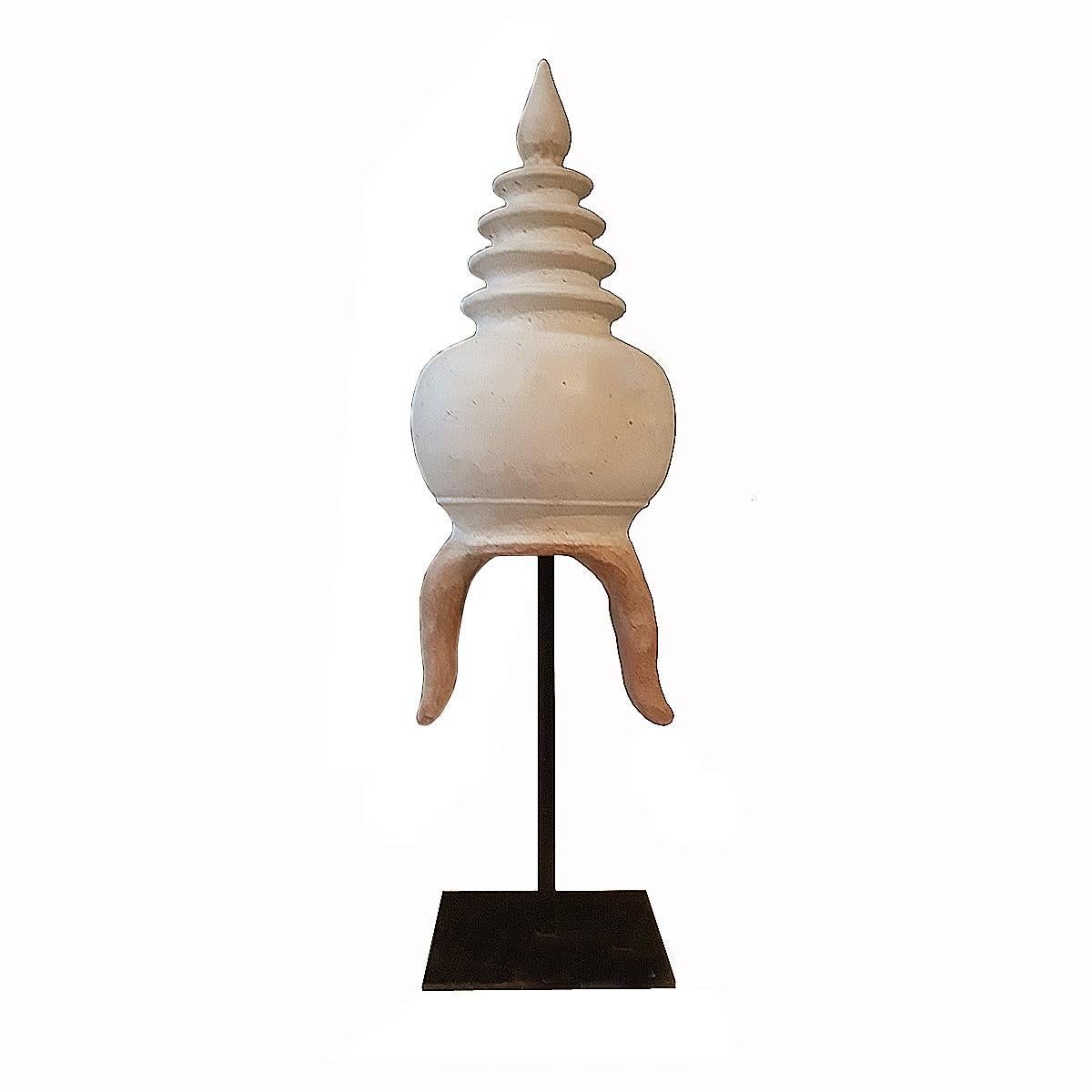 A Stupa architectural detail from Thailand, late 20th century, hand-crafted in rustic earthenware. 

The Stupa shape represents one of the most ancient and sacred Buddhist architectural traditions, commonly seen in temples and homes. Mounted on a