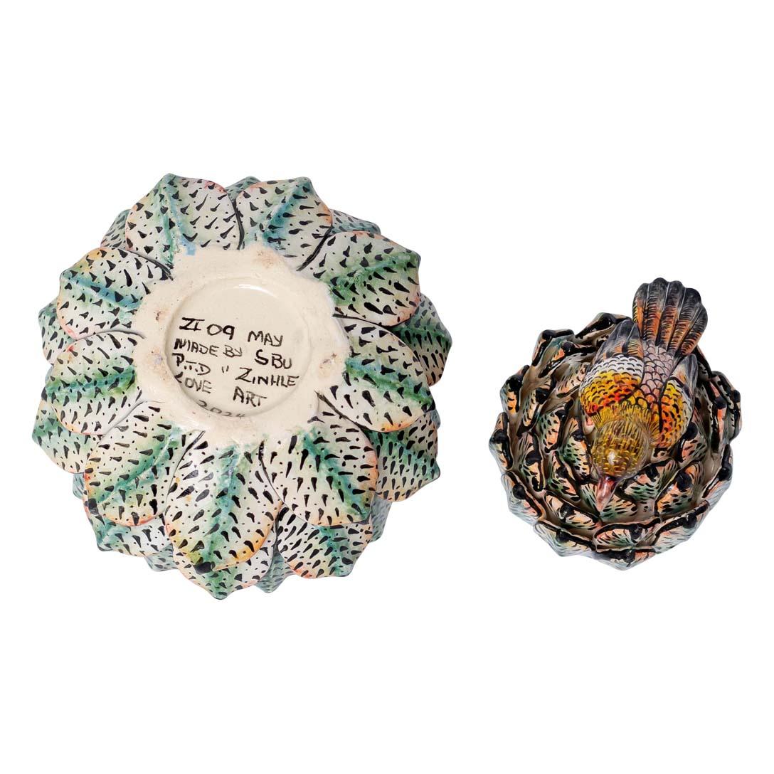 Succulent, Bird Jewelry Box
Hand-Painted by Zinhle Nene & Sculpted by Motsamai Sello
Love Art Ceramic, South Africa, 2024

The Succulent, Bird Jewelry Box is a captivating piece of ceramic art that embodies the rich biodiversity of South Africa.