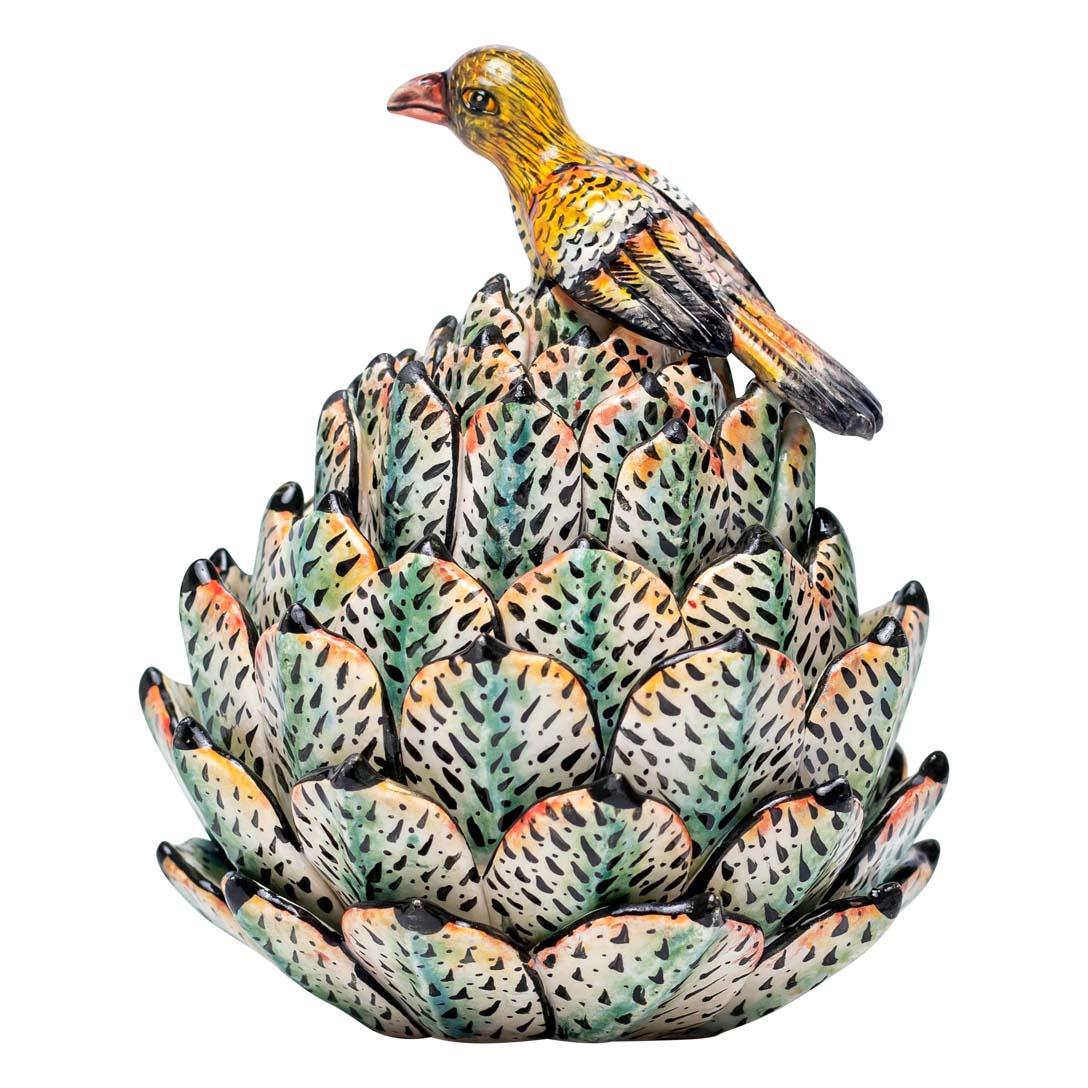 Hand-Painted Ceramic succulent Plant With Bird Jewelry Box   , hand made in South Africa For Sale