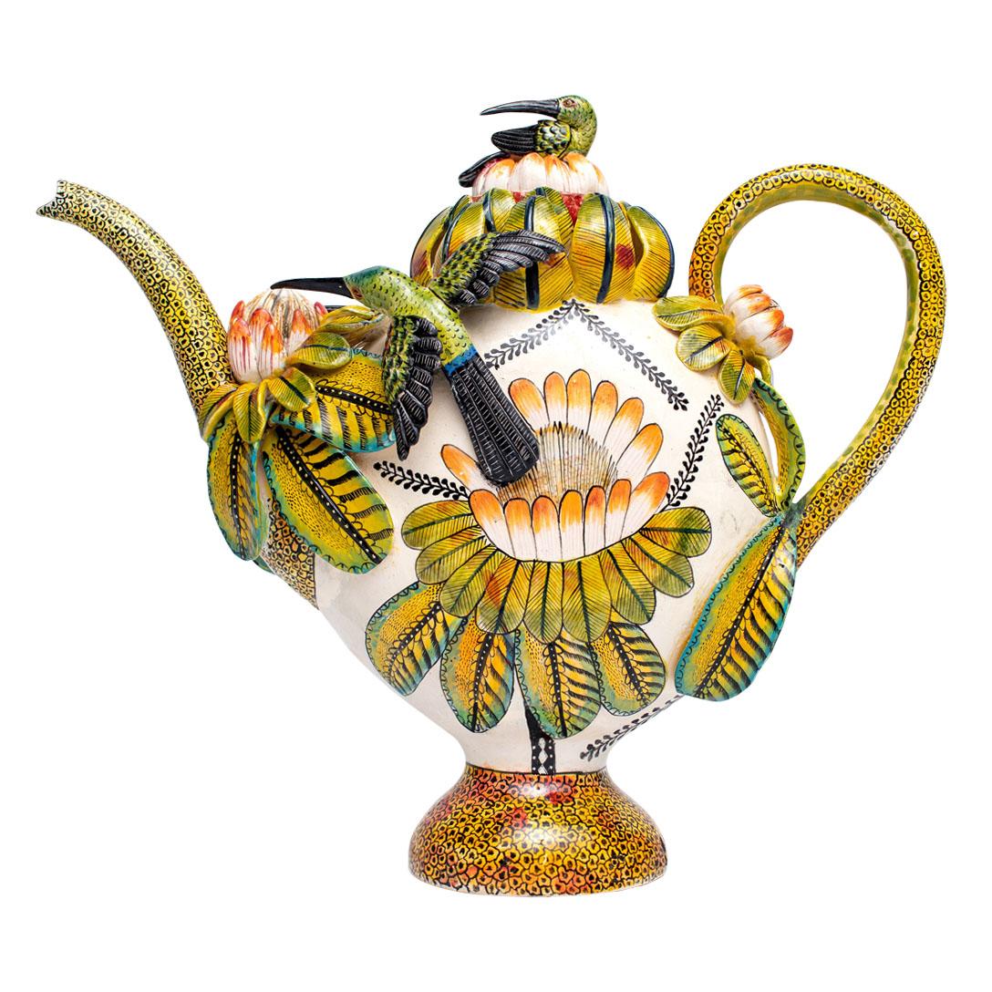 Fired Ceramic Sunbird Teapot , hand made in South Africa