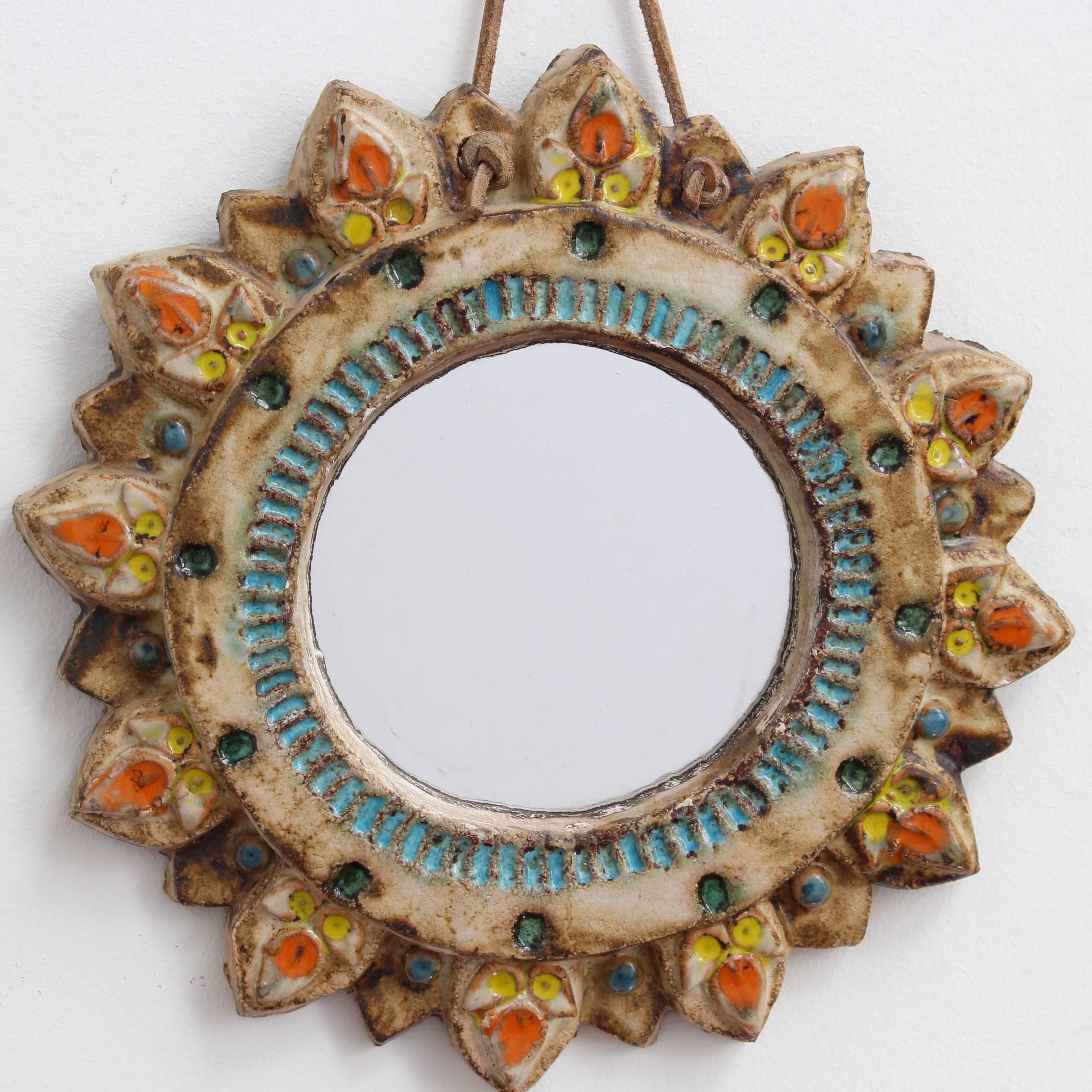 Mid-Century Modern Ceramic Sunburst Mirror by La Roue, Vallauris, France circa 1950s