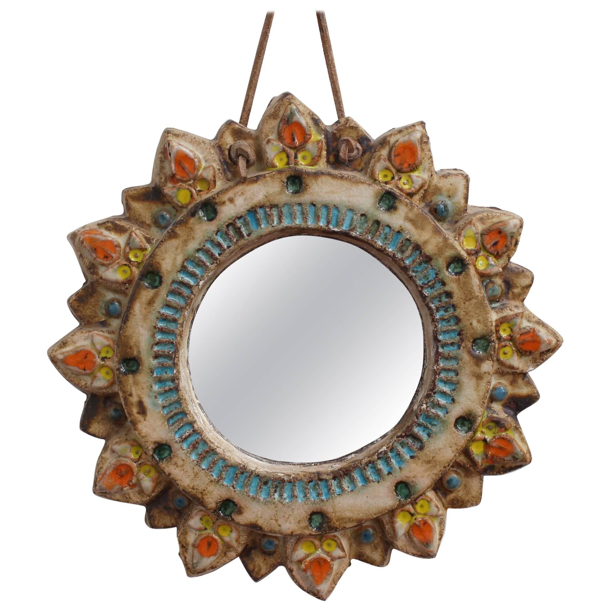 Ceramic Sunburst Mirror by La Roue, Vallauris, France circa 1950s