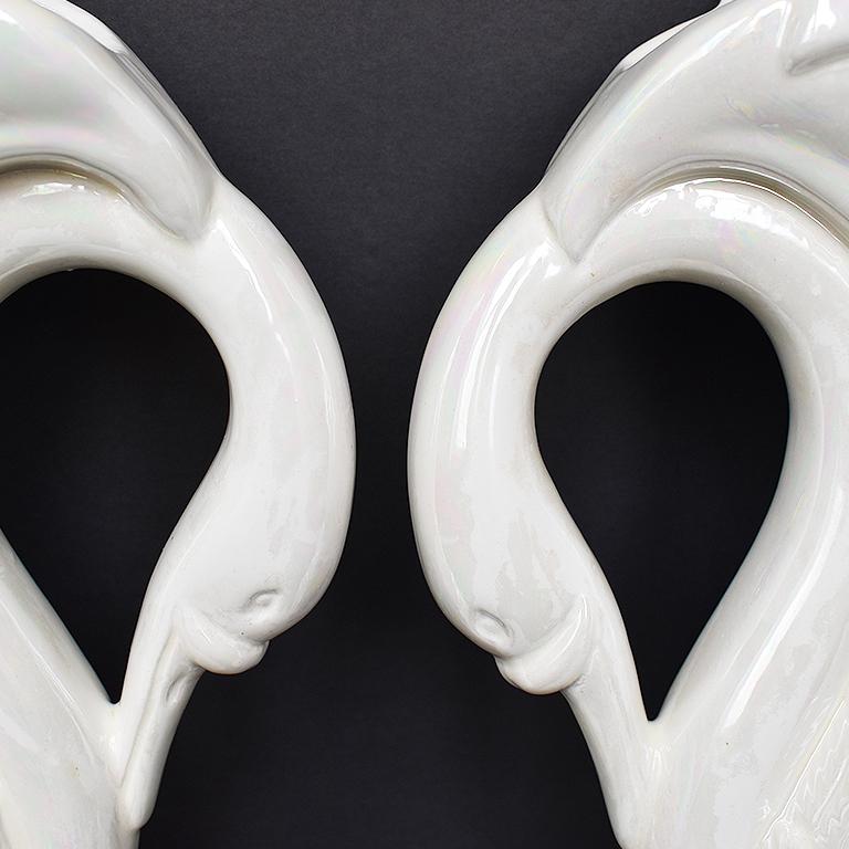 American Ceramic Swan Animalia Bird Table Lamps in Pearl White, a Pair 1980s For Sale