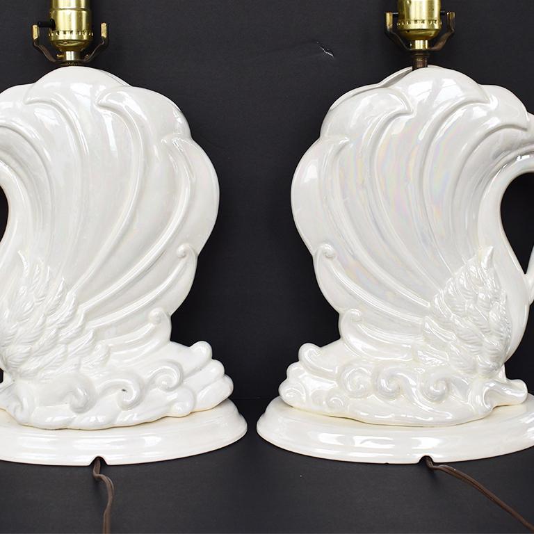 Metal Ceramic Swan Animalia Bird Table Lamps in Pearl White, a Pair 1980s For Sale