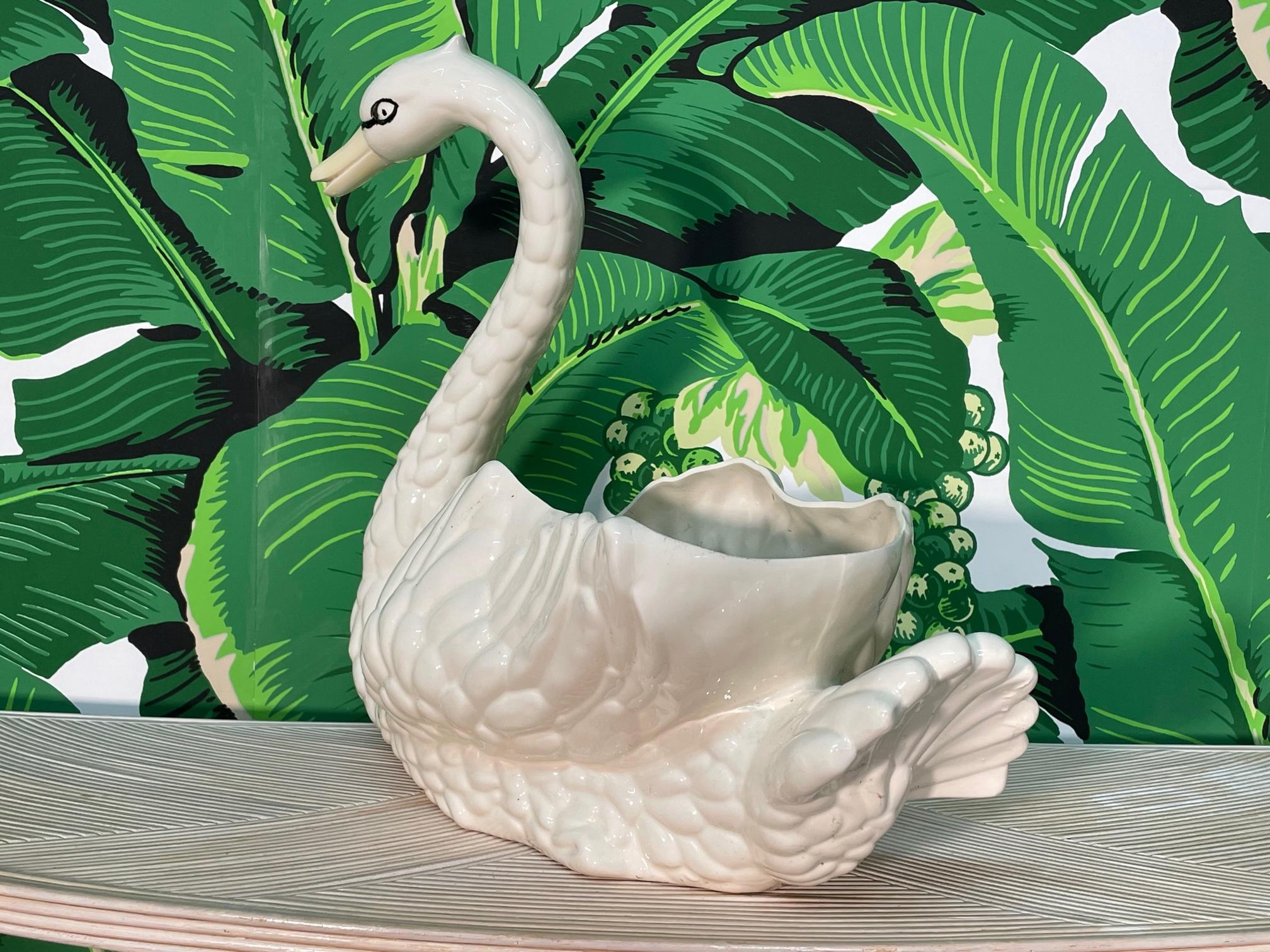 Hollywood Regency Ceramic Swan Cachepot Planter For Sale