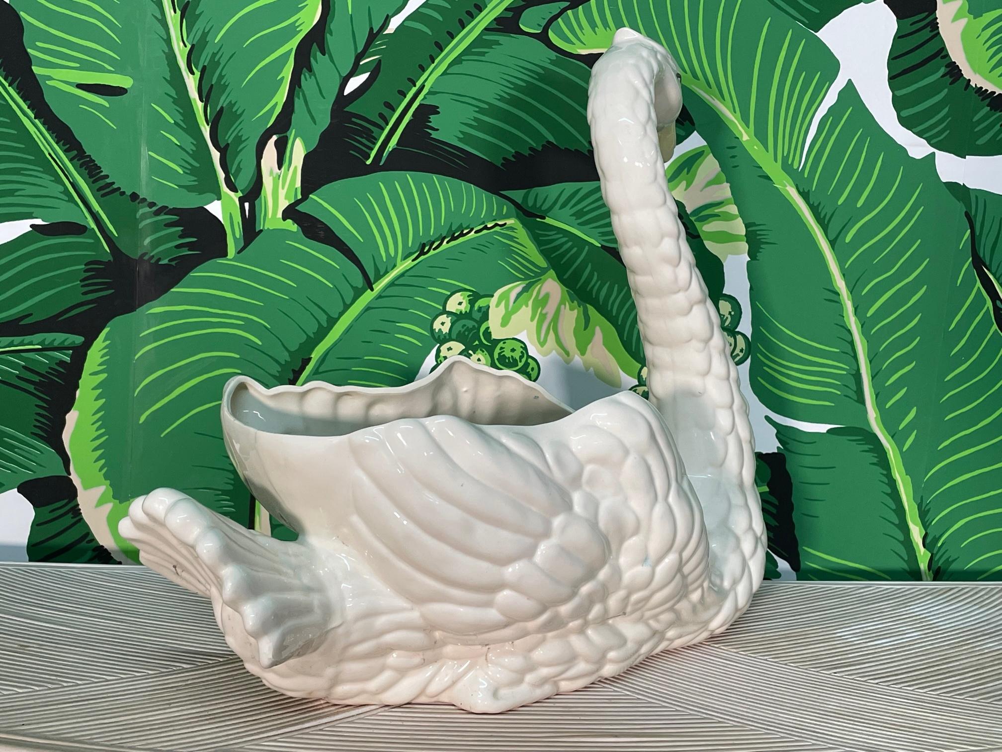 Hollywood Regency Ceramic Swan Cachepot Planter