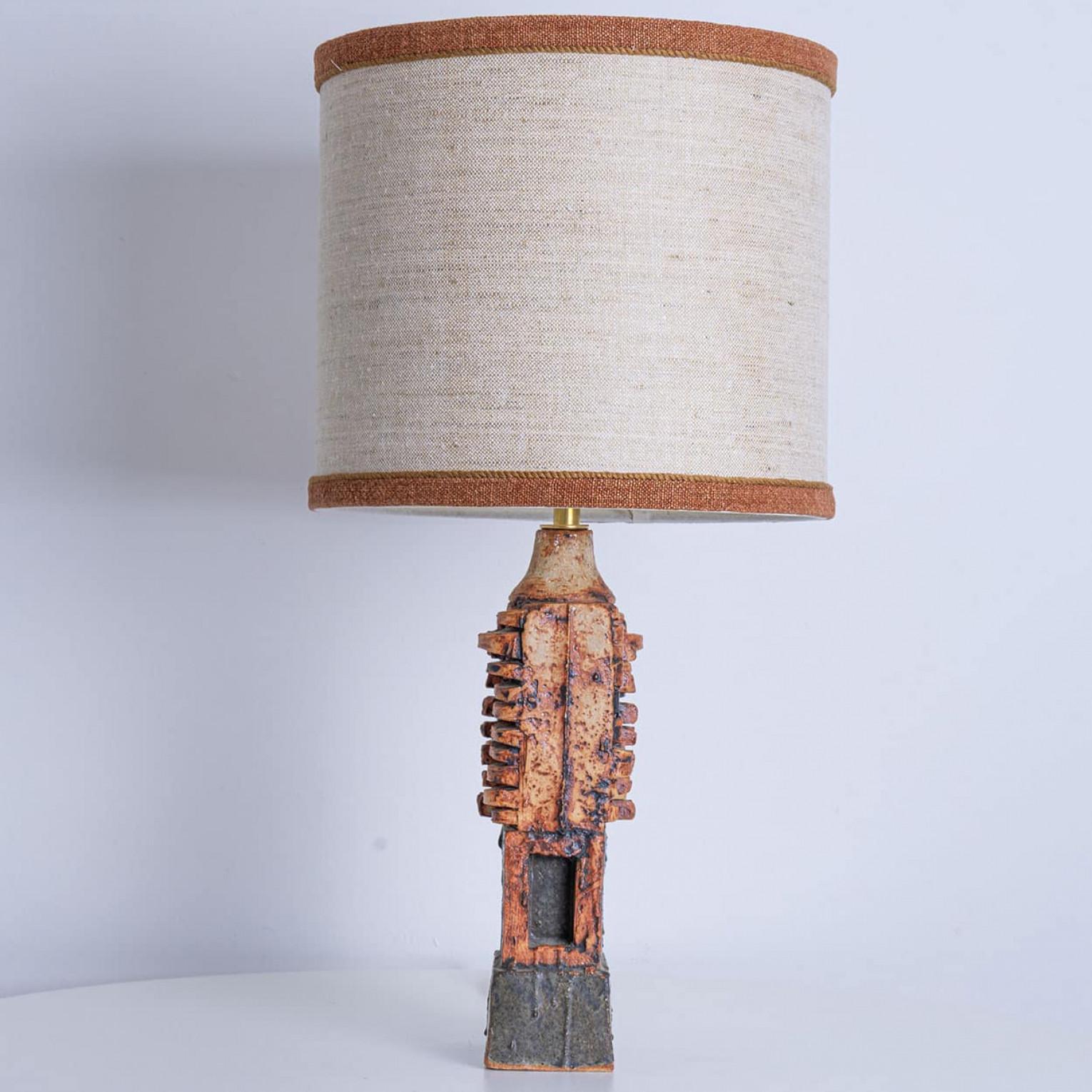 Ceramic Table Lamp B. Rooke, Beige Brique Lampshade by R. Houben, 1970 For Sale 3