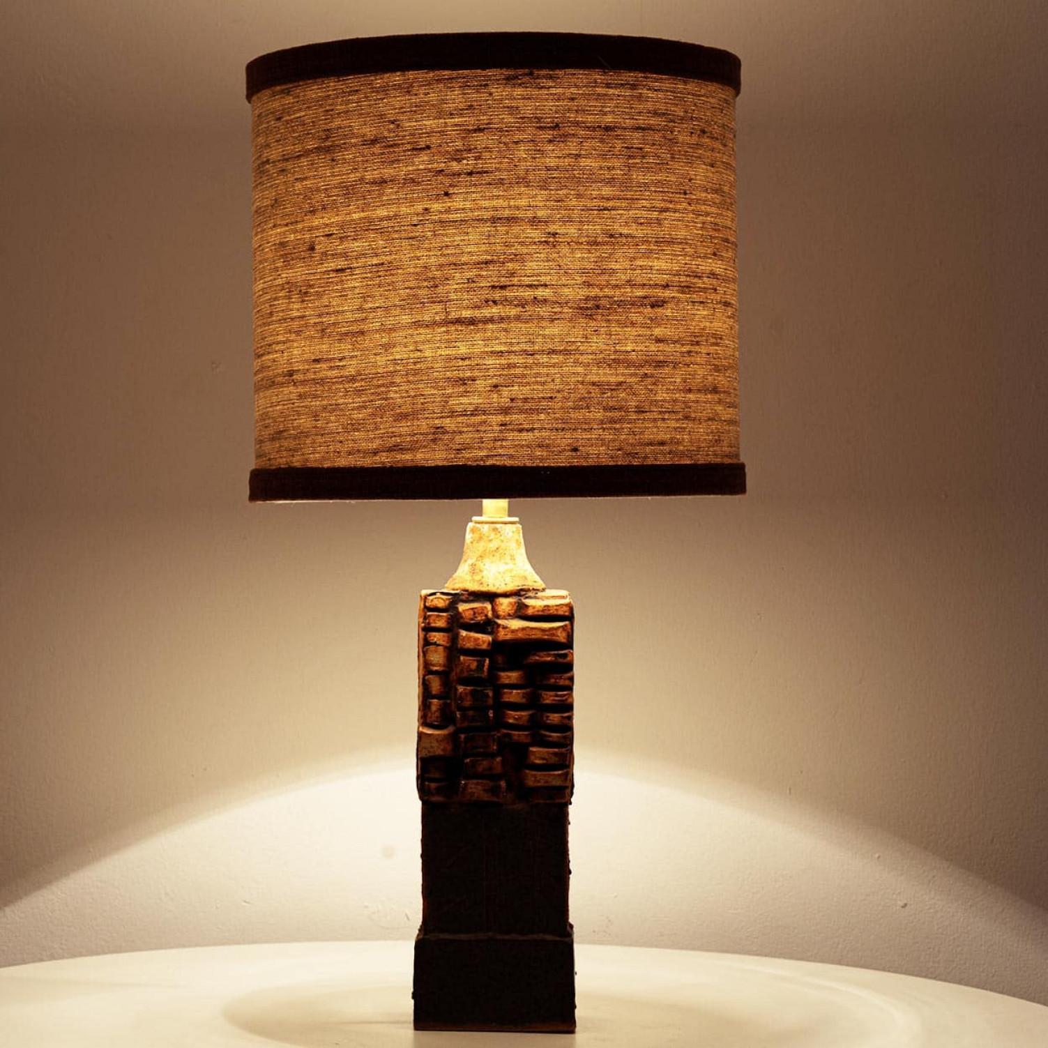 Ceramic Table Lamp B. Rooke, Beige Brique Lampshade by R. Houben, 1970 For Sale 4