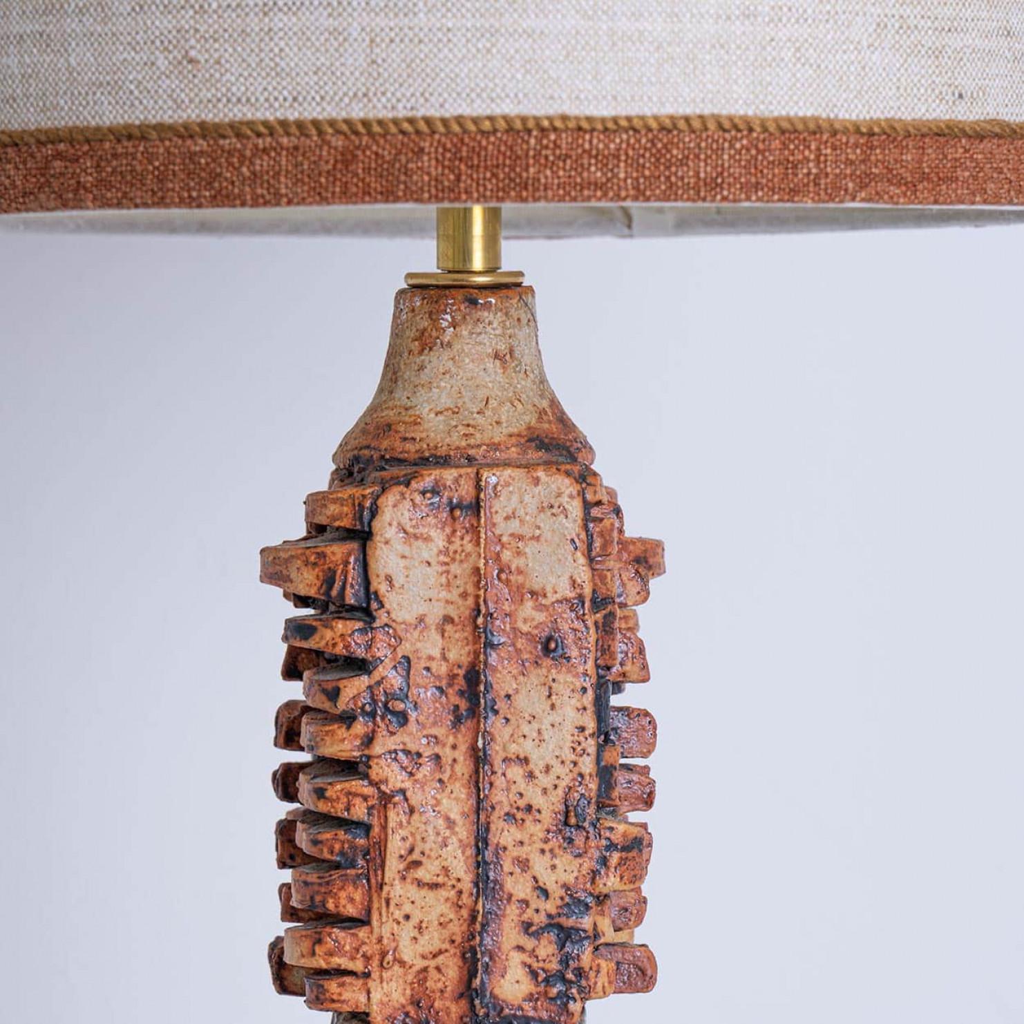 French Ceramic Table Lamp B. Rooke, Beige Brique Lampshade by R. Houben, 1970 For Sale