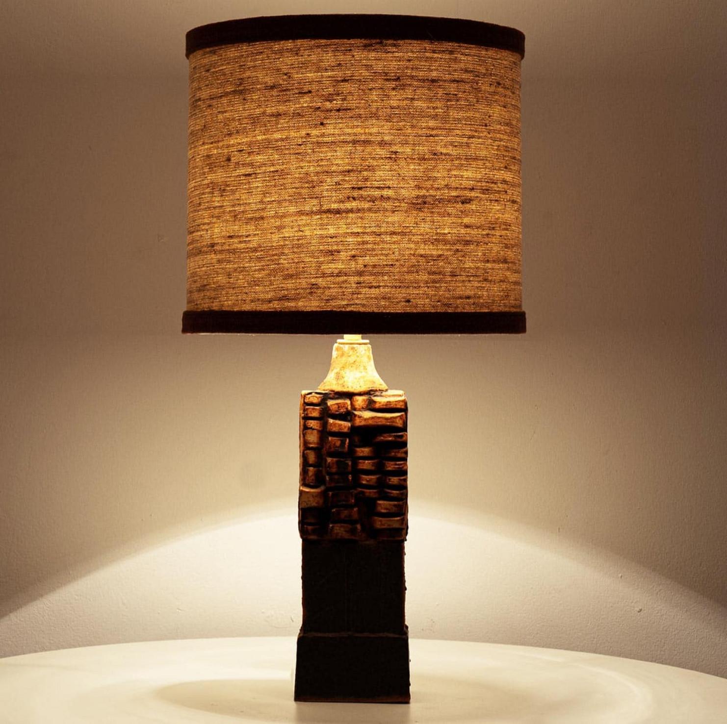 Late 20th Century Ceramic Table Lamp B. Rooke, Beige Brique Lampshade by R. Houben, 1970 For Sale
