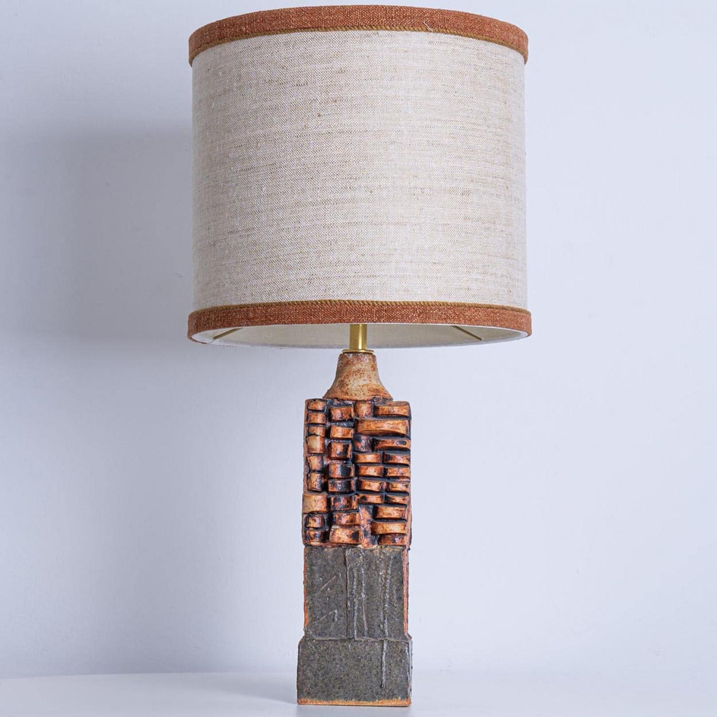 Ceramic Table Lamp B. Rooke, Beige Brique Lampshade by R. Houben, 1970 For Sale 1