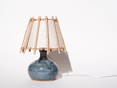Ceramic Table Lamp - Blue Glazed Lamp, La Borne - Bambou Shade - France 1960s