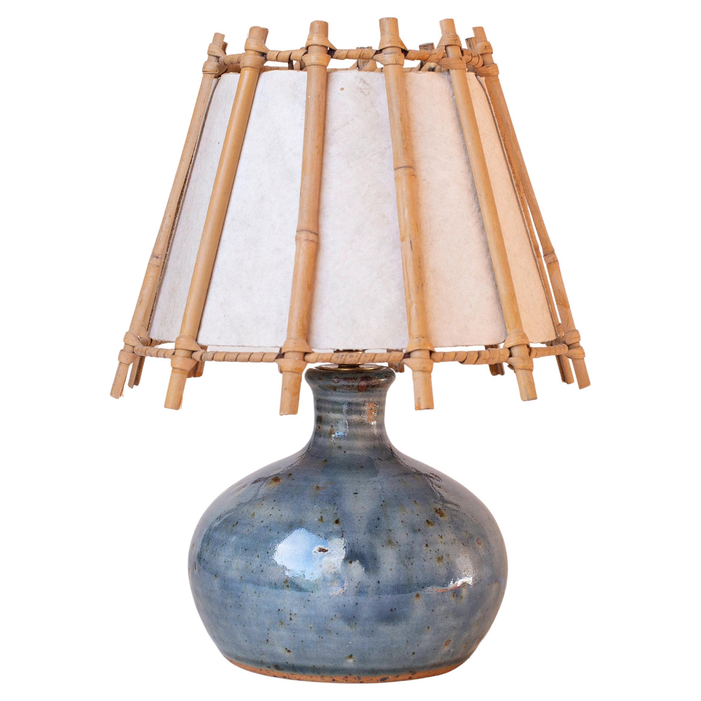 Ceramic Table Lamp - Blue Glazed Lamp, La Borne - Bambou Shade - France 1960s For Sale
