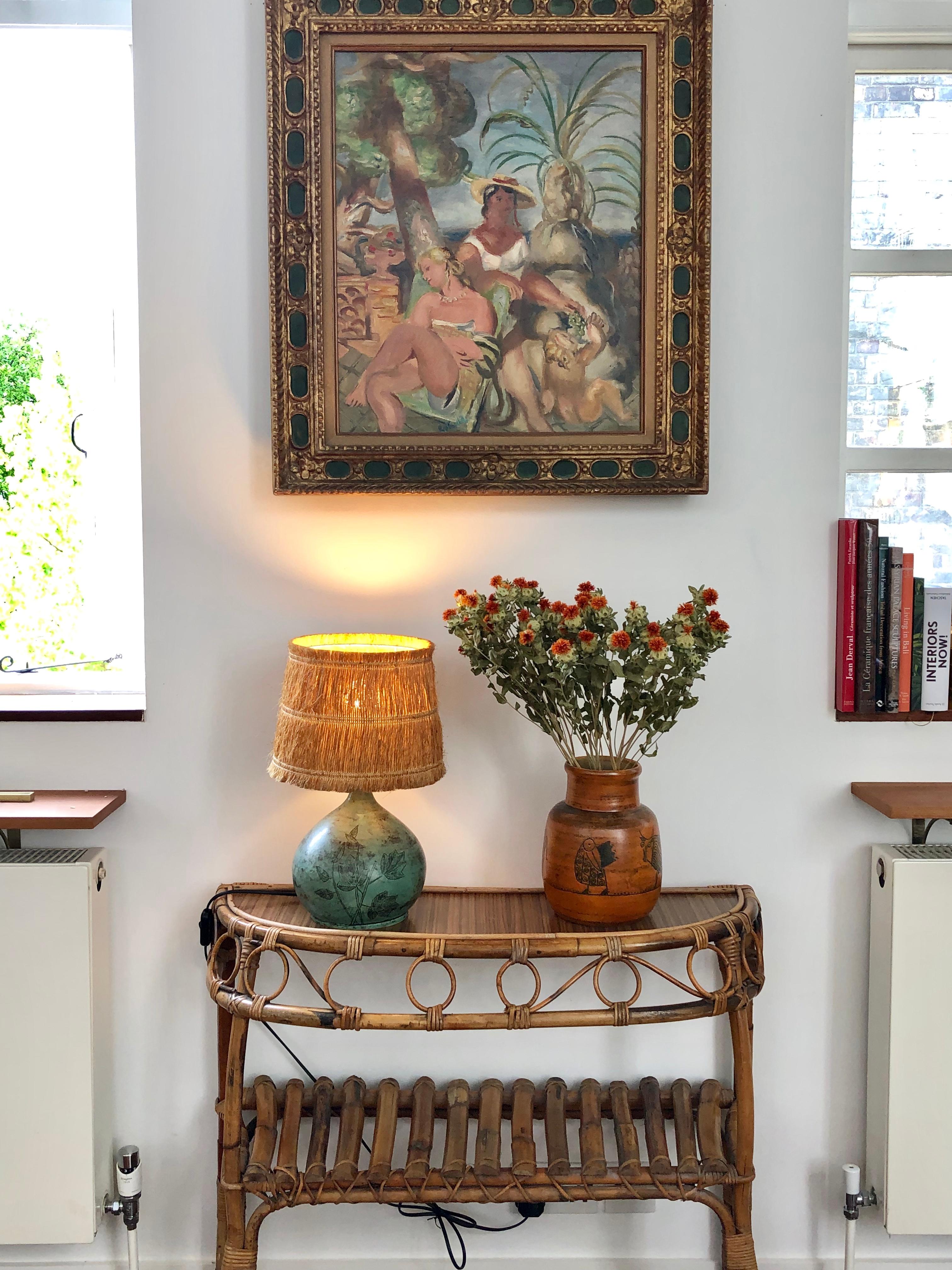 Ceramic Table Lamp by Jacques Blin with Raffia Lampshade, circa 1950s Green 5