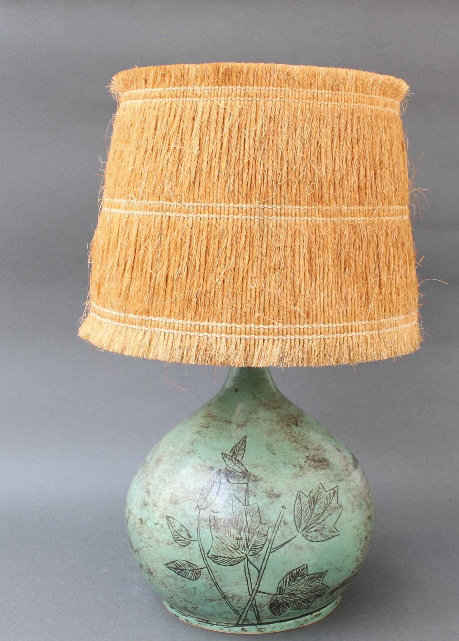 French Ceramic Table Lamp by Jacques Blin with Raffia Lampshade, circa 1950s Green
