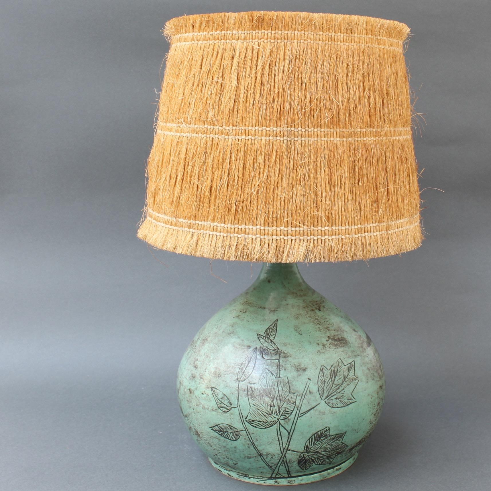 Ceramic Table Lamp by Jacques Blin with Raffia Lampshade, circa 1950s Green In Good Condition In London, GB