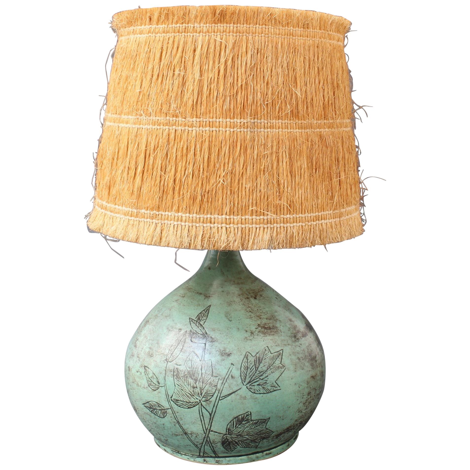 Ceramic Table Lamp by Jacques Blin with Raffia Lampshade, circa 1950s Green