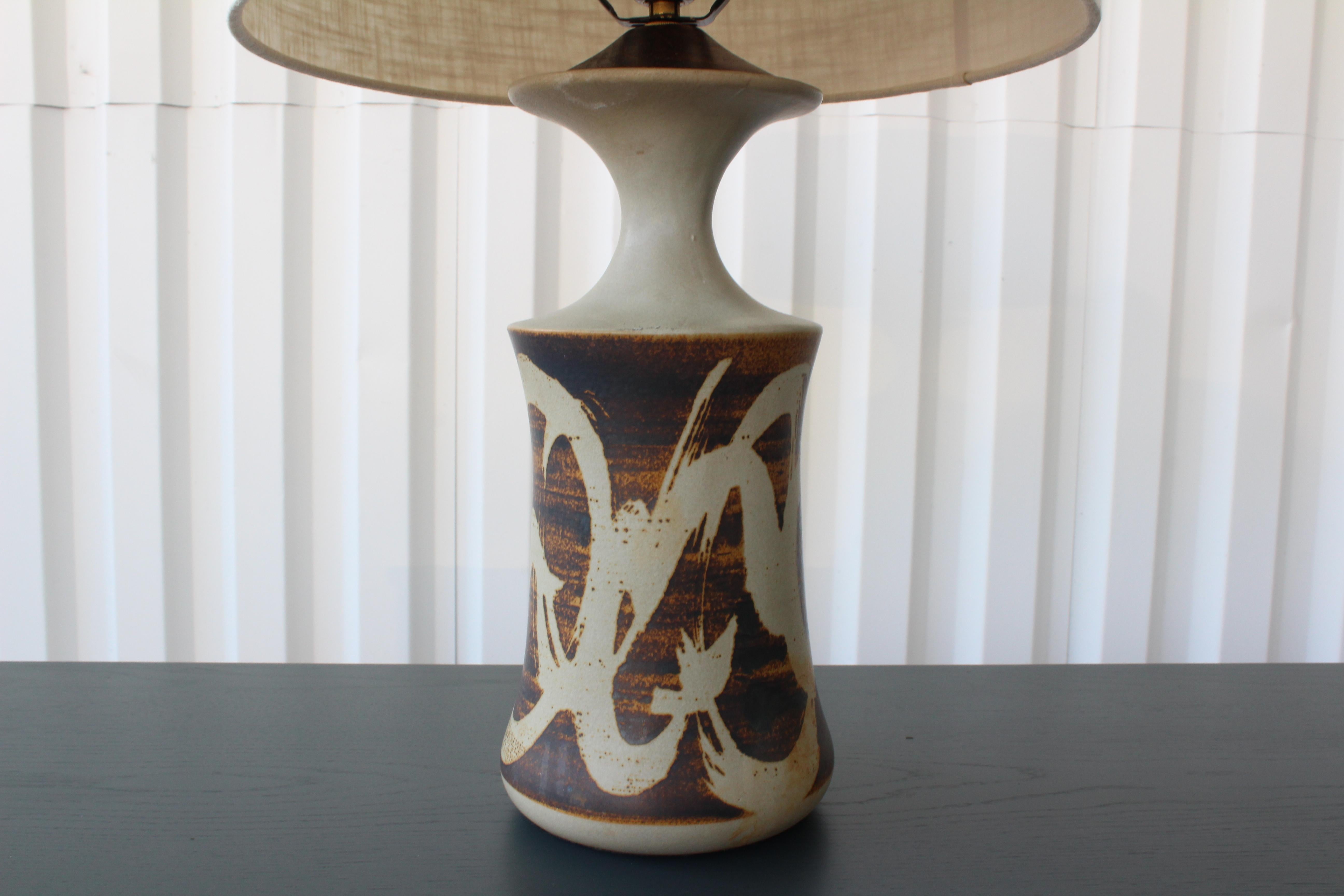 Ceramic table lamp by Pottery Craft, USA 1960s. This was a vase which we custom made into a table lamp. Newly wired and fitted with a custom shade.
