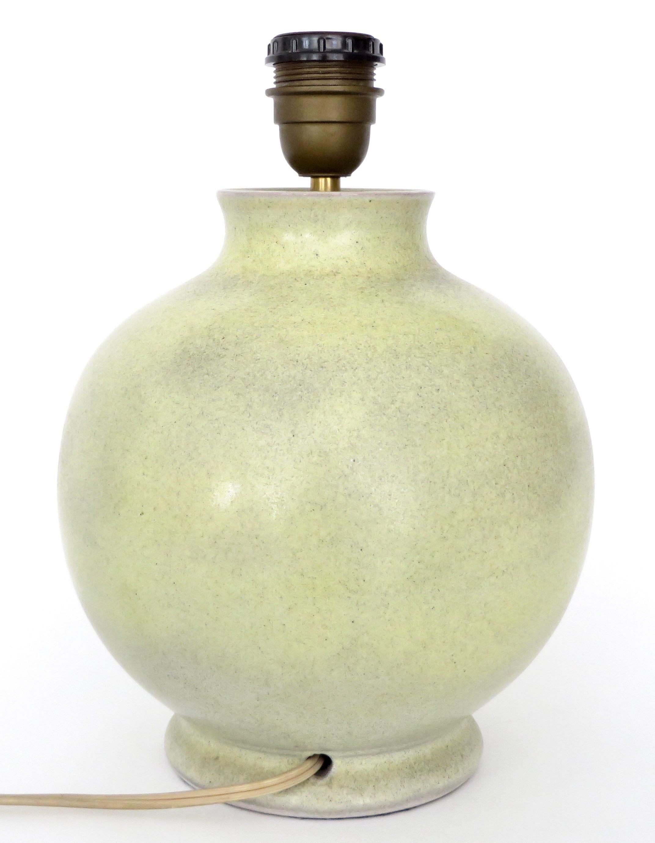 Mid-Century Modern Ceramic Table Lamp in Pale Celery Green by Swiss Ceramic Artist Fritz Haussmann. For Sale