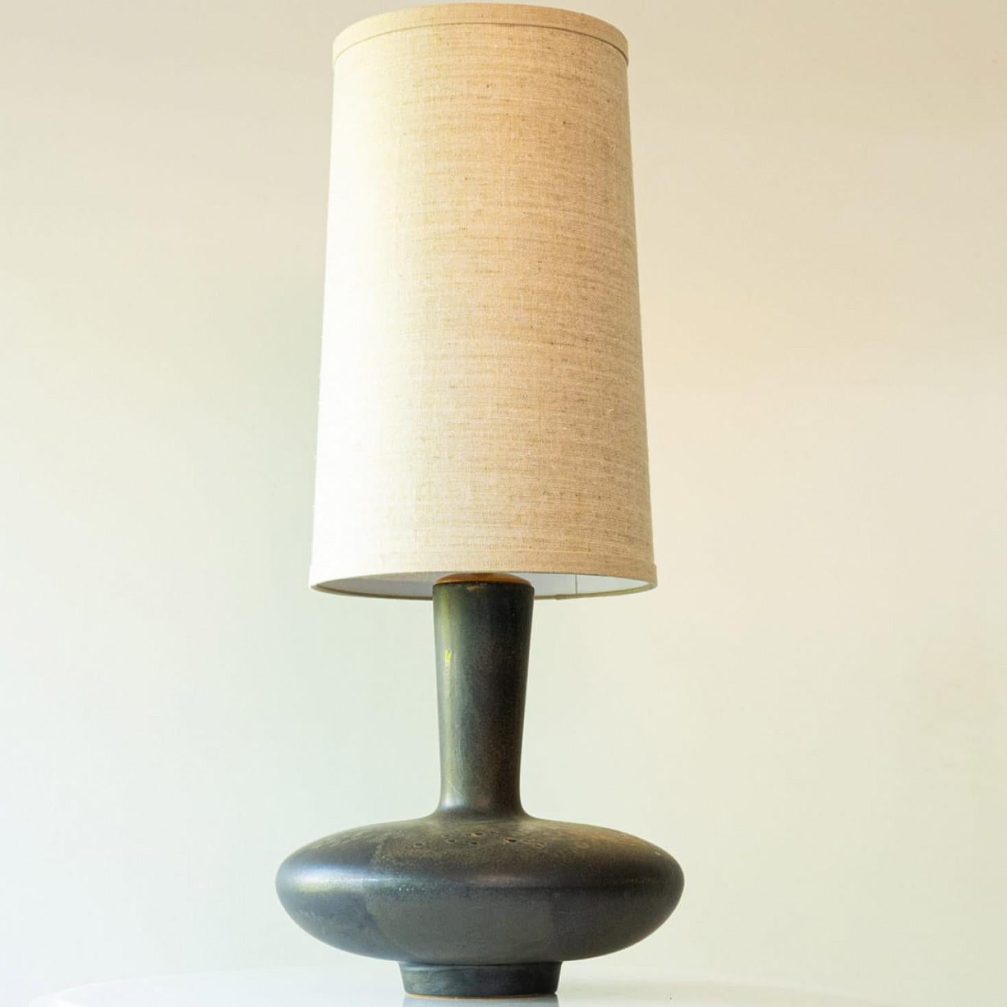 French Ceramic Table Lamp Dark Brown, New Silk Lampshade by R. Houben For Sale