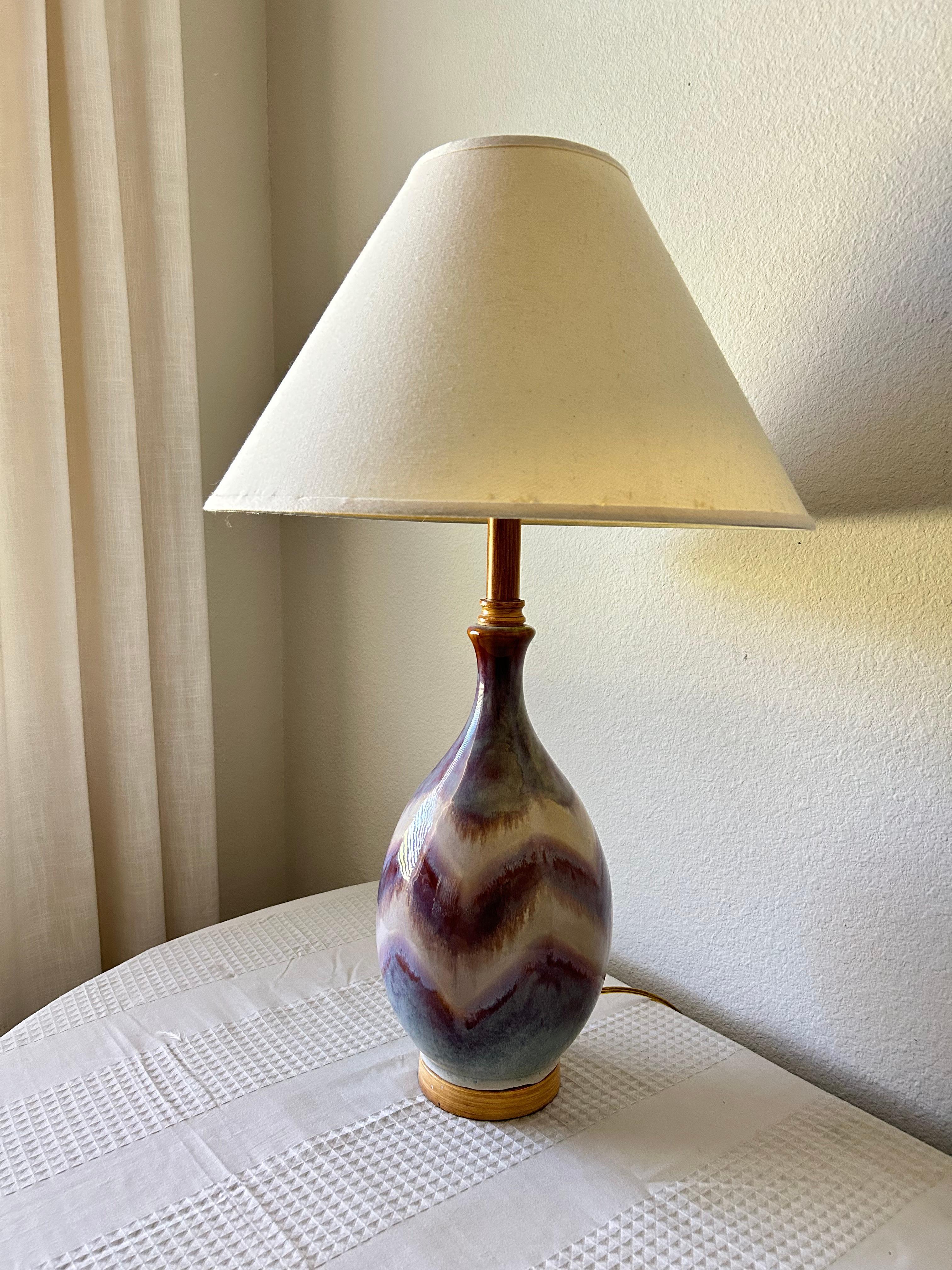 A multi-color table lamp from the mid to late twentieth century.
Lamp shade measures 17 inches