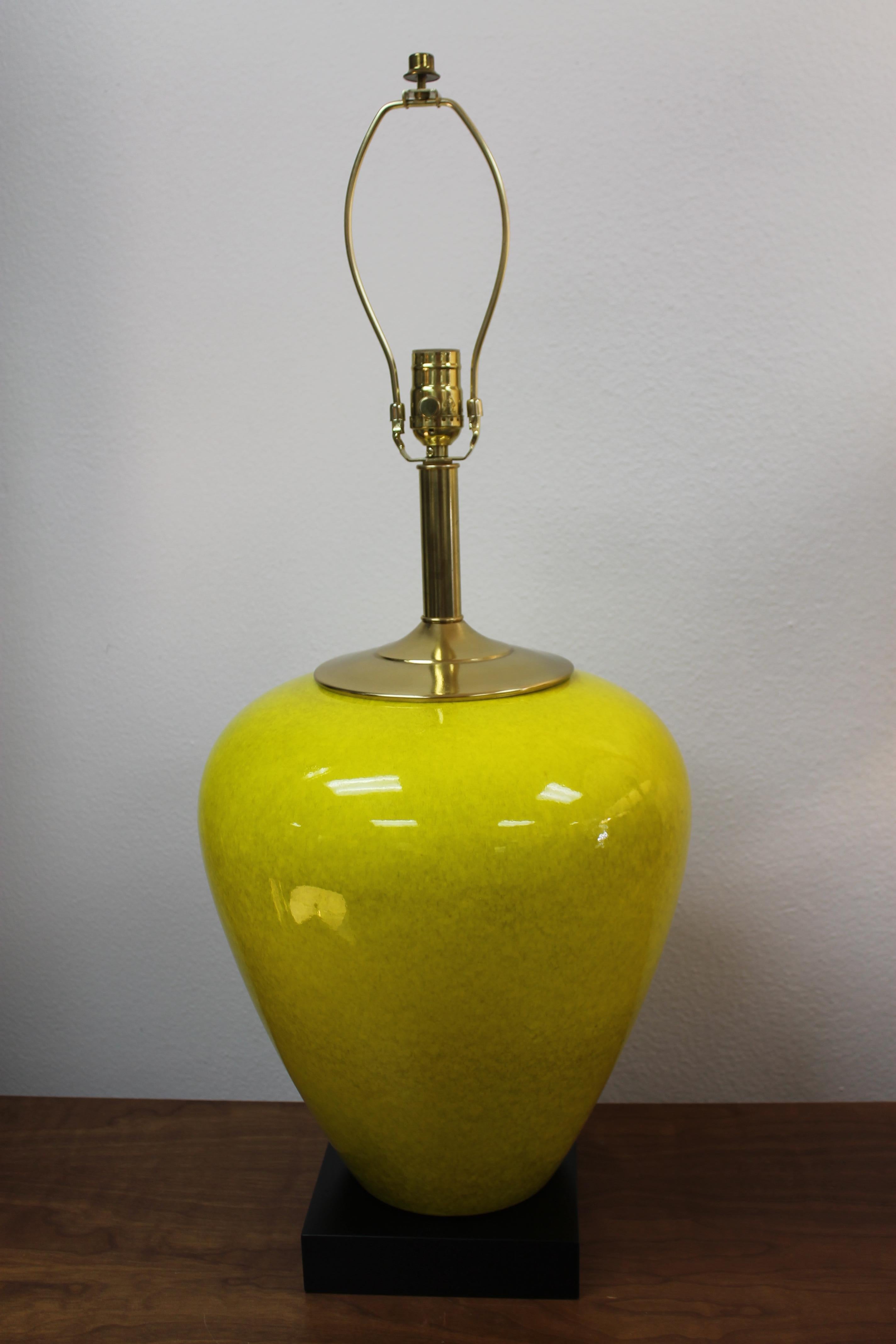 Yellow with hints of grey ceramic table lamp. We added a new wood base, brass neck (4