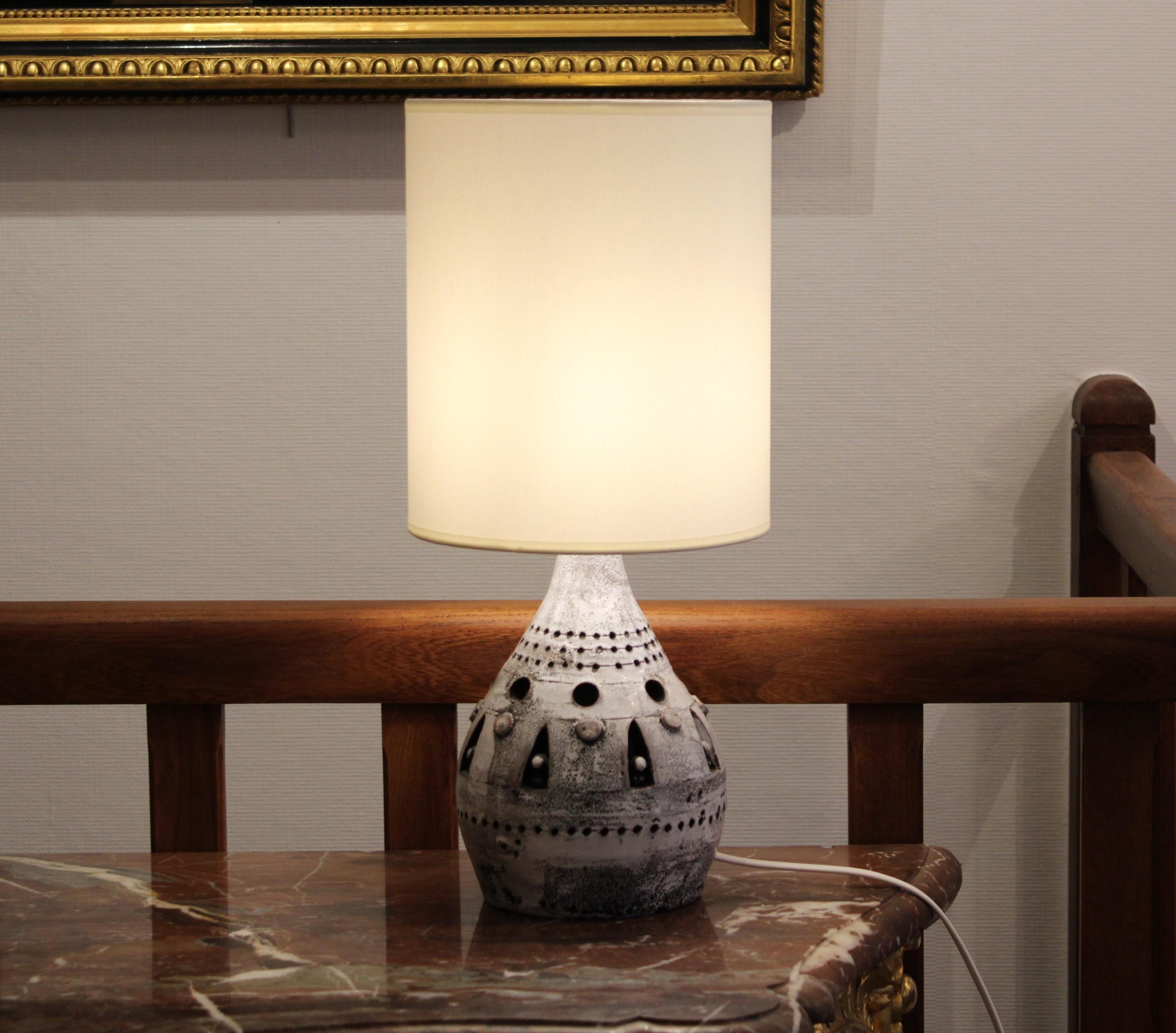 Round white and brown glazed ceramic table lamp by Georges Pelletier
France, circa 1960
